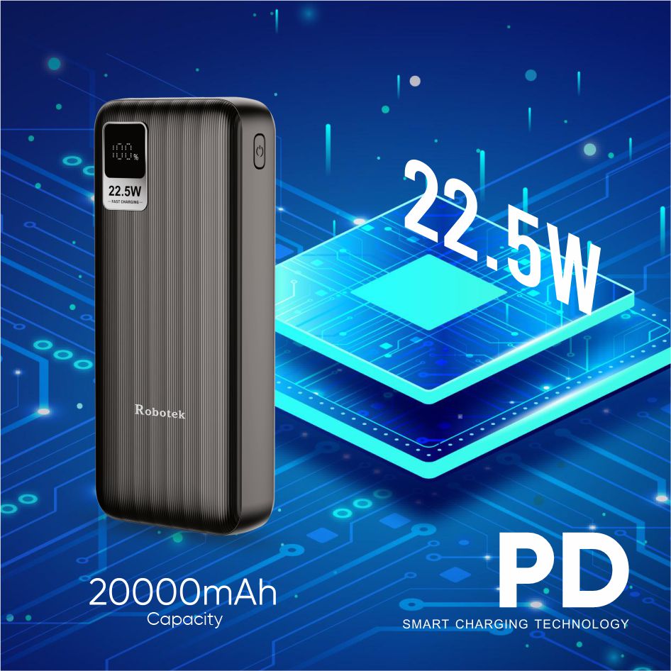 ROBOTEK S18 Energy 20000mAh Type-C PD Fast Charging Power Bank | 22.5W PD Type C | Triple Output Type-C + USB-A + USB-A | Dual Input Type-C + Micro USB | | Slim & Compact Portable| Compatible with iPhone, Android Phone, iPad, Tablet