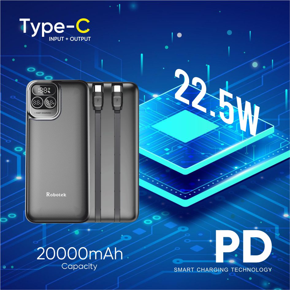 ROBOTEK S20 Electra 20000 mAh Power Bank with Built-in 2 Types of Cables | iPhone, Type-C | 22.5W PD Fast Charging | LED Display | Slim & Compact Portable | Input USB-C & Micro USB | Compatible with iPhone, Android Phone, Tablets