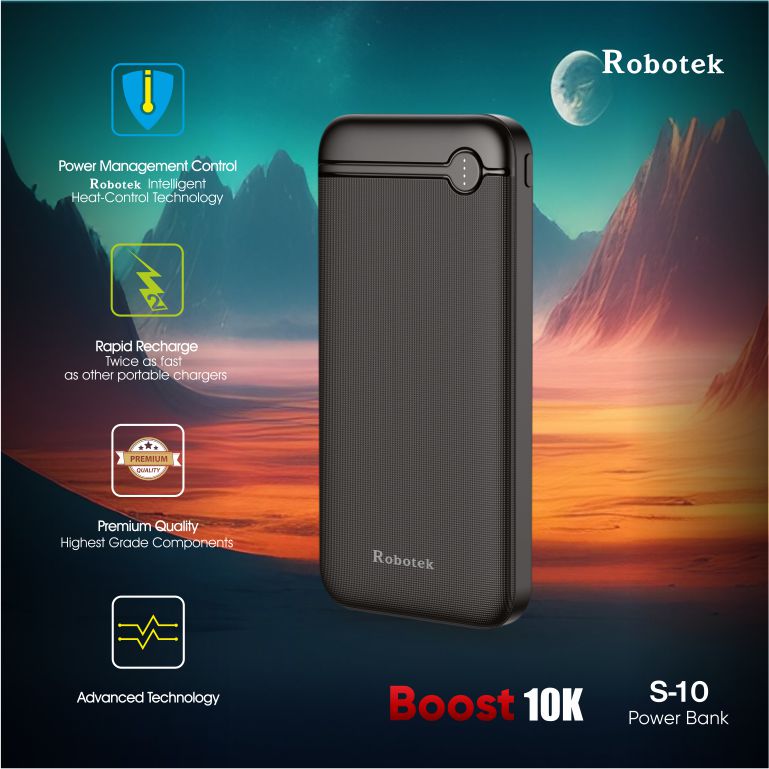 ROBOTEK S10 Boost 10000mAh Power bank with 12W Fast Charging | Quick Charge 3.0 | Li-Polymer Power Bank | Dual Input Type C & Micro USB | Dual Output USB Type A | Compatible with iPhone, Android Phone, iPad, Tablets