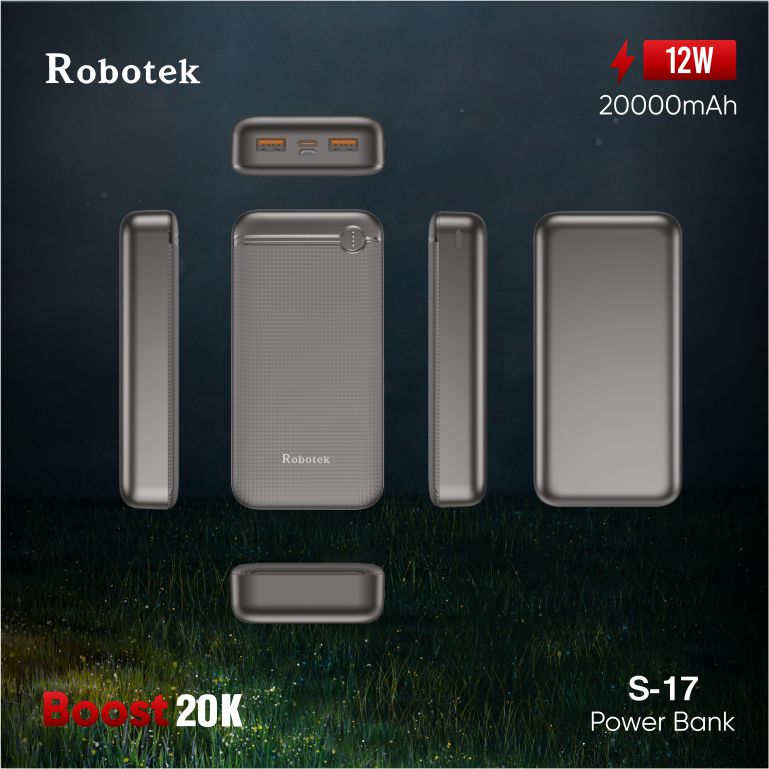 ROBOTEK S17 Boost 20000mAh Power bank with 12W Fast Charging | Quick Charge 3.0 | Li-Polymer Power Bank | Dual Input Type C & Micro USB | Dual Output USB Type A | Compatible with iPhone, Android Phone, iPad, Tablets