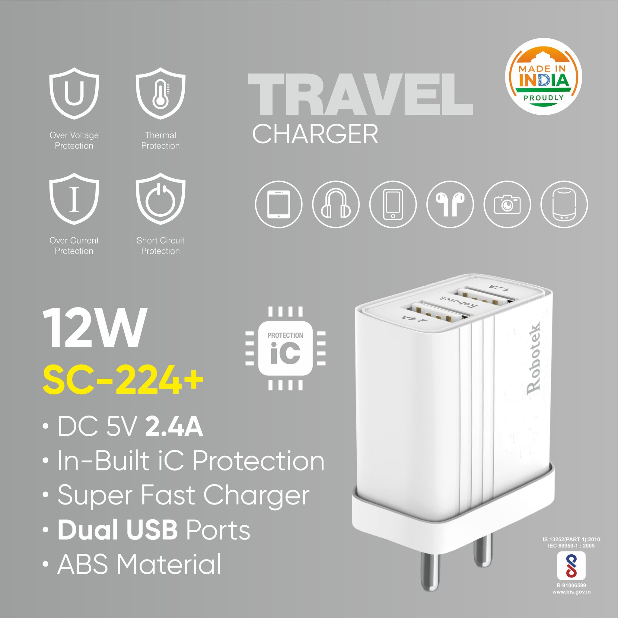 SC-224 Plus 12W 2.4A Mobile Wall Charger Adapter with USB to Type C/Micro USB v8/iPhone, Dual USB Port Travel Fast Charging Power Adapter for Mobile Phones & Tablets (White, Cable Included)