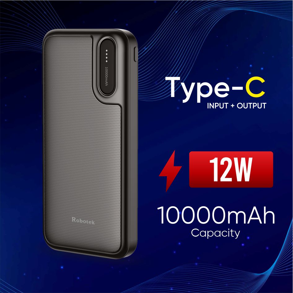 ROBOTEK S12 Max 10000 mAh Fast Charging Power Bank with 12W Fast Charging | Triple Output Type-C + USB-A + USB-A | Input Type-C + Micro USB | Slim & Compact Portable Charger | Compatible with iPhone, Android Phone, Tablet