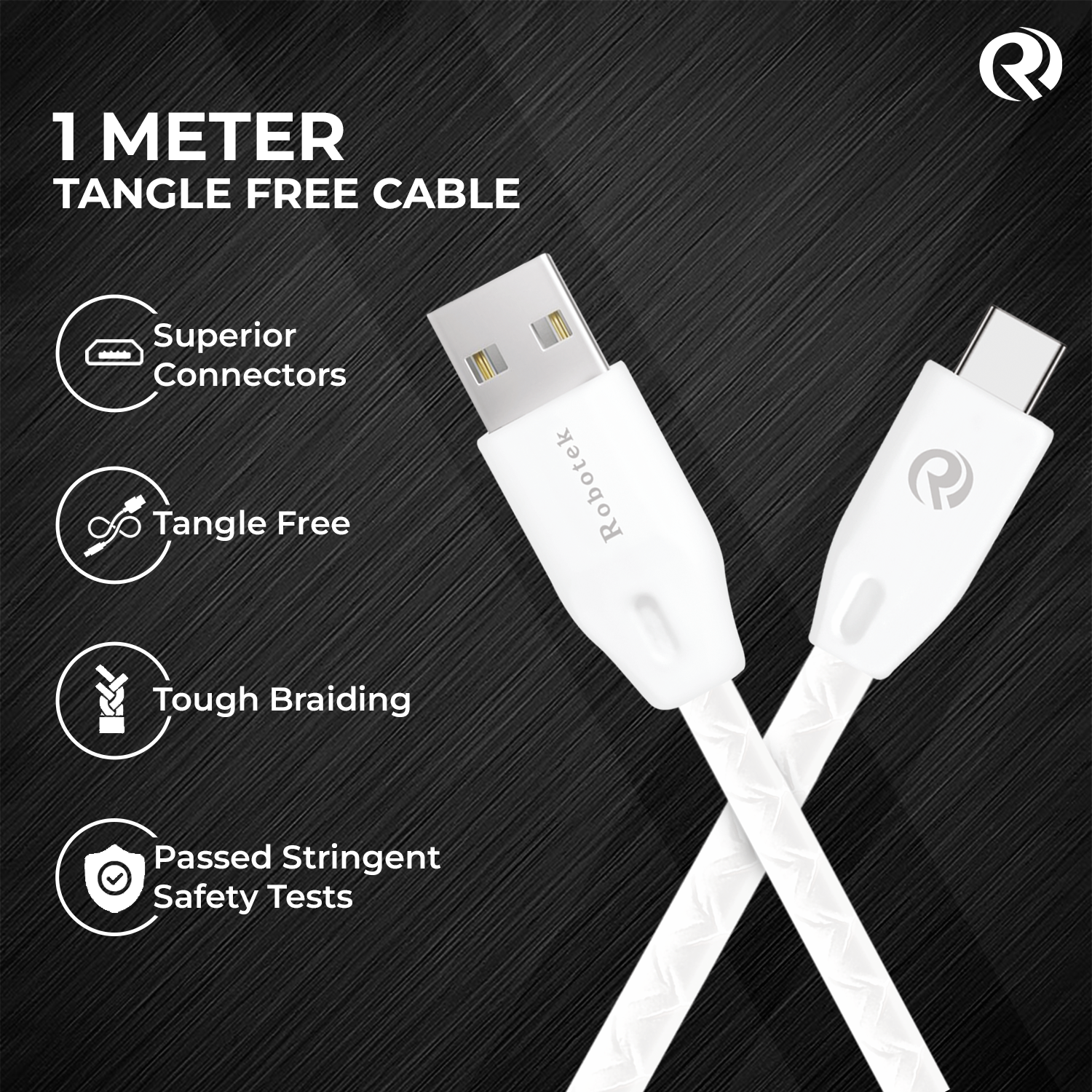 ROBOTEK DC109 USB to Type C, 3A Fast Charging Cable, 3.2 Ft (1.0M), QC 3.0, Compatible with Samsung, One Plus & all type-C devices, Seamless Data Transmission, White (3 Amp, 1 M, White)(USB TO TYPE-C)