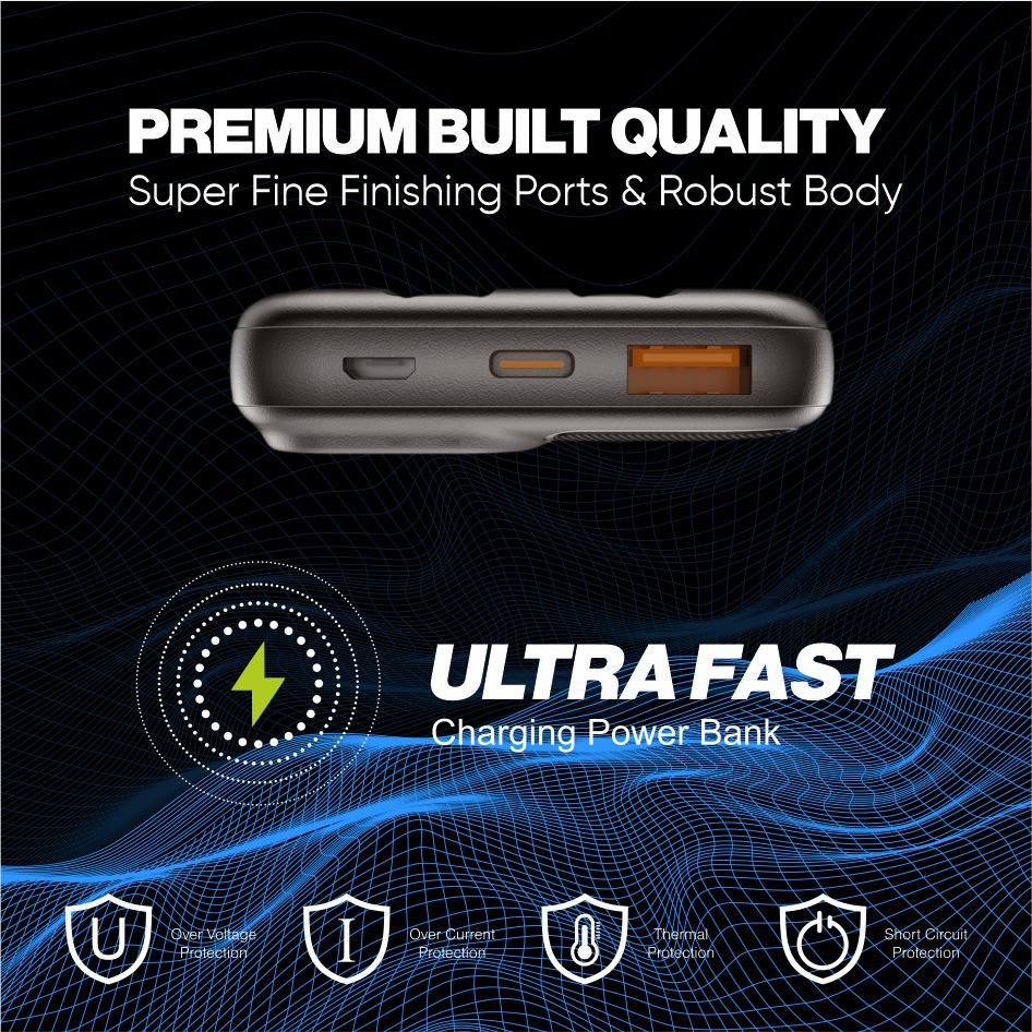 ROBOTEK S15 Electra 10000 mAh Power Bank with Built-in 2 Types of Cables | iPhone, Type-C | 22.5W PD Fast Charging | LED Display | Slim & Compact Portable | Input USB-C & Micro USB | Compatible with iPhone, Android Phone, Tablets