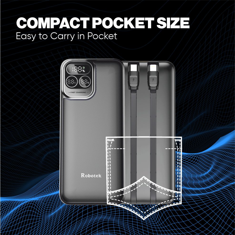 ROBOTEK S15 Electra 10000 mAh Power Bank with Built-in 2 Types of Cables | iPhone, Type-C | 22.5W PD Fast Charging | LED Display | Slim & Compact Portable | Input USB-C & Micro USB | Compatible with iPhone, Android Phone, Tablets