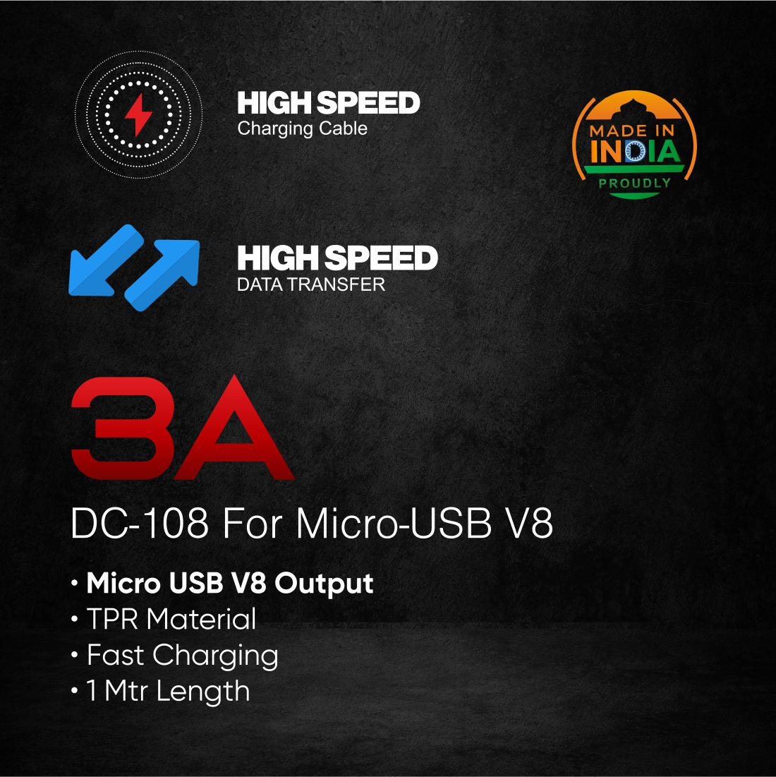 DC-108 Raftaar Series Micro USB 3A Fast Charging Cable, Made in India, 480Mbps Data Sync, Solid Cable, 1 Meter Long USB Cable for Micro USB Devices (White)