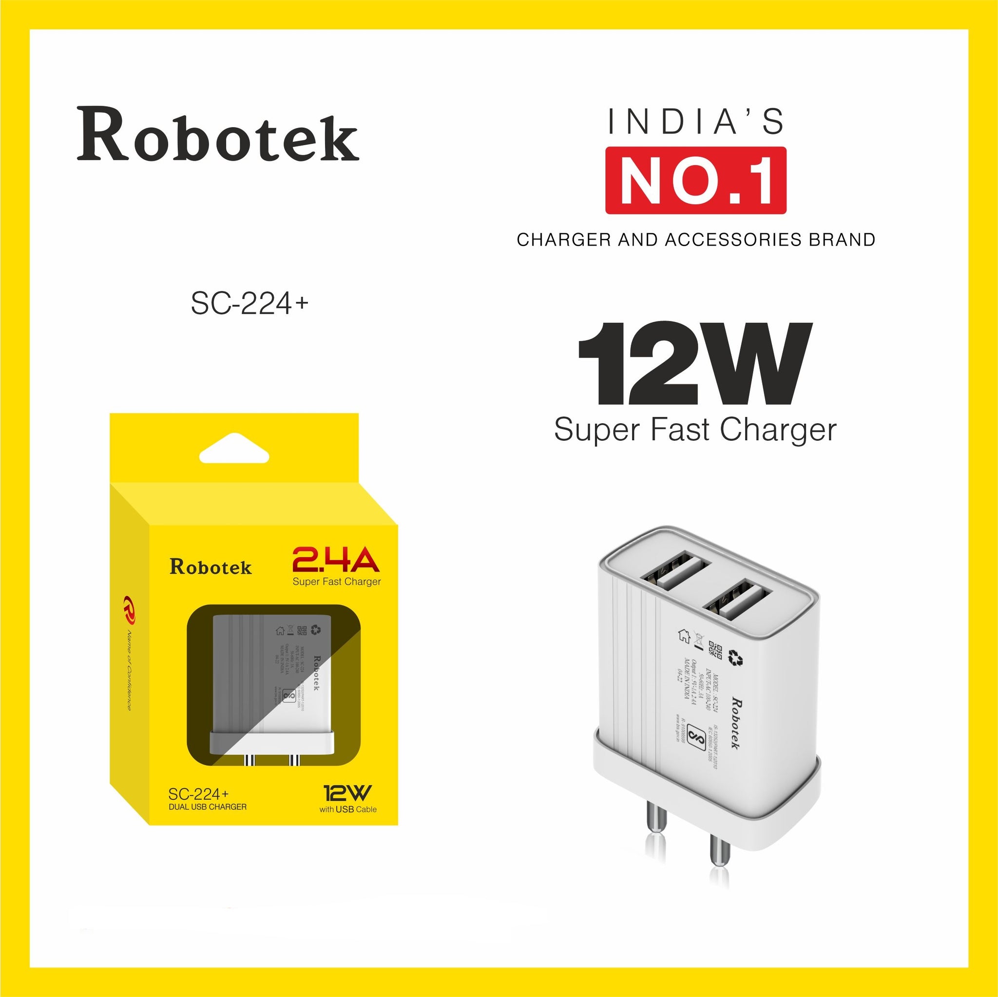 Robotek SC-224 Plus 12W 2.4A Mobile Wall Charger Adapter with Dual USB