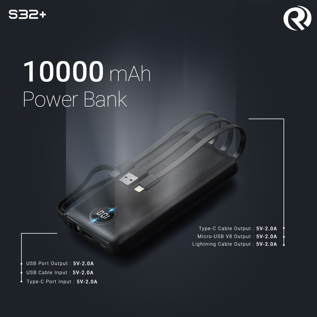 ROBOTEK S32 Plus 10000 mAh Power Bank with Built-in 4 Types of Cables | USB-A, iPhone, Type-C, Micro USB | 12W Fast Charging | LED Display | Slim & Compact Portable | Input USB-C & Micro USB | Compatible with iPhone, Android Phone, Tablet