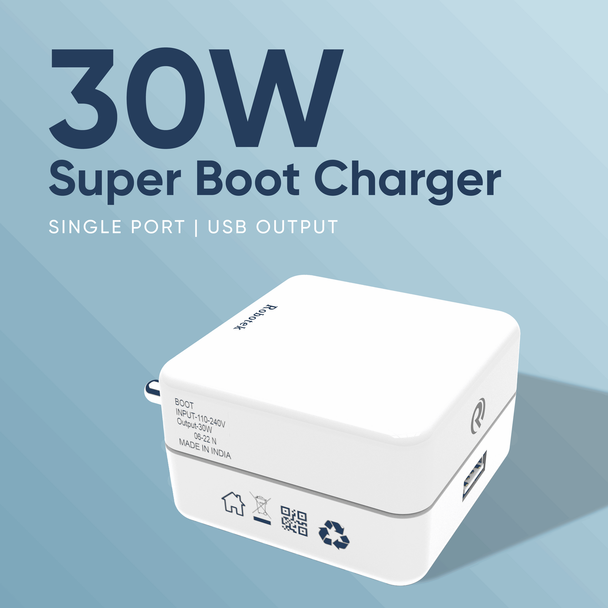 Robotek SC Boot 30W Fast Charging Wall Charger Adapter for Type C/Micro USB/iPhone | VOOC Charger | QC 3.0 with IC Protection + Type C Cable