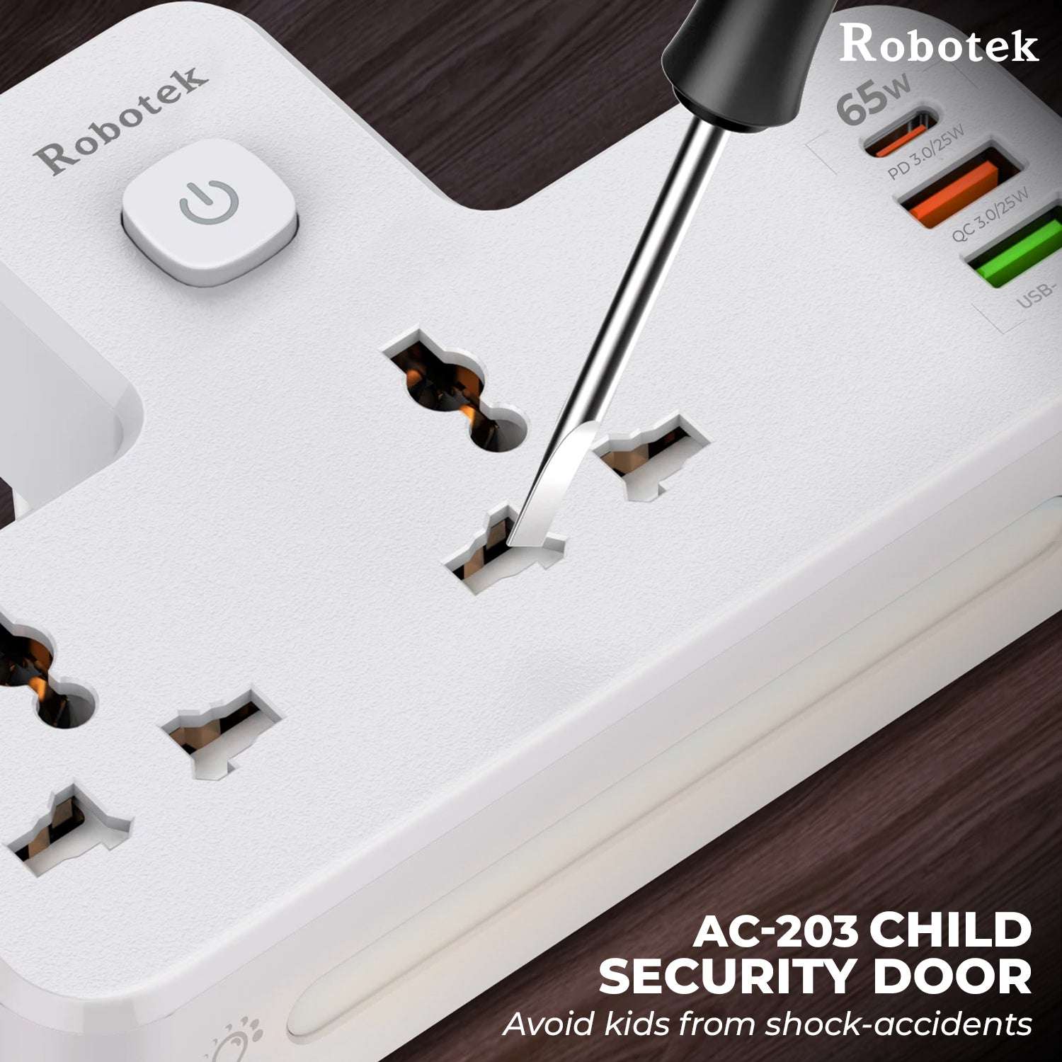 Robotek AC-203 Multi Plug with PD Type-C & 2 USB QC-3.0 Ports