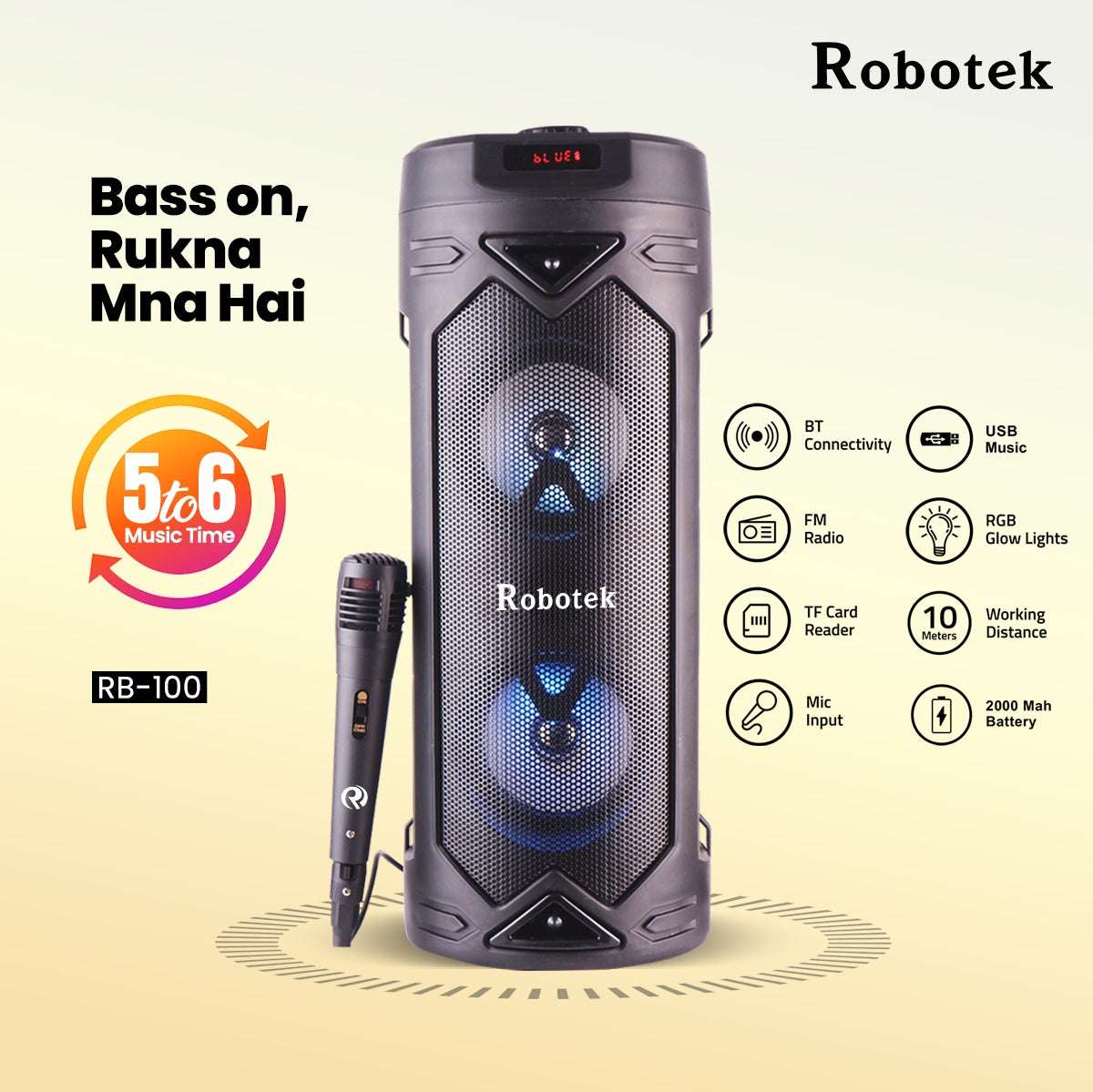 30 Watt | RGB Lights | Wireless Speaker with Mic | 6 Hours Playtime | Robotek Vibe Party Speaker RB-100