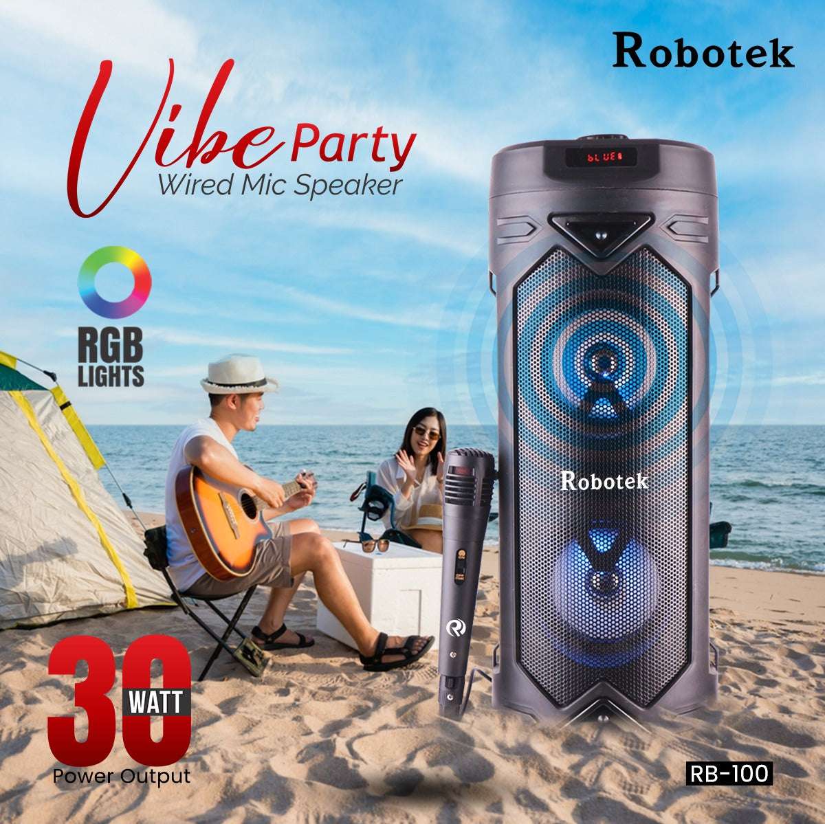 30 Watt | RGB Lights | Wireless Speaker with Mic | 6 Hours Playtime | Robotek Vibe Party Speaker RB-100