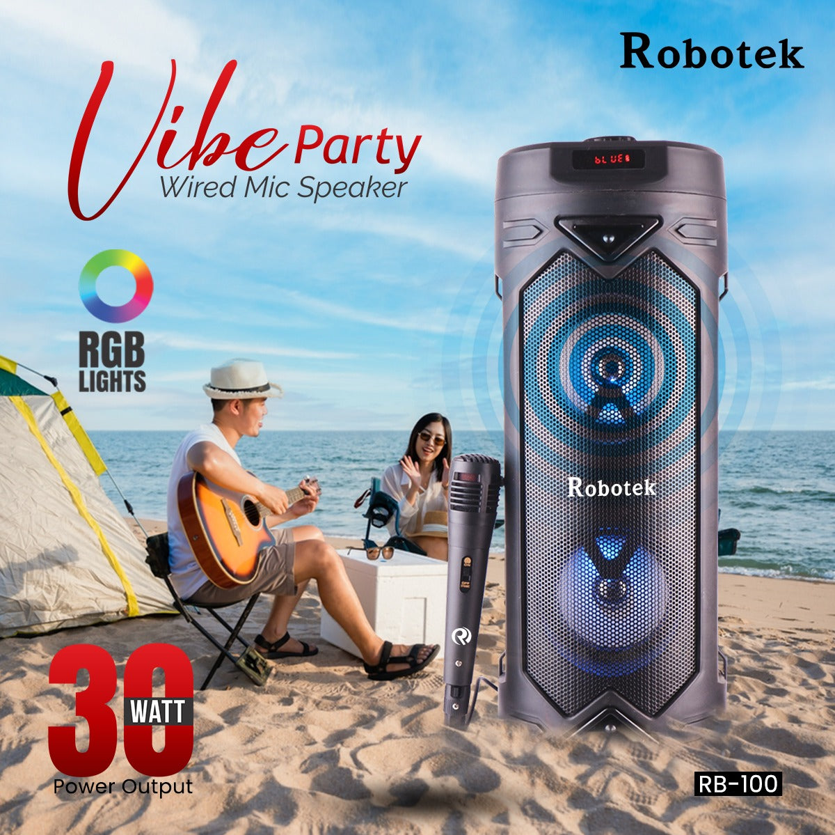 30 Watt | RGB Lights | Wireless Speaker with Mic | 6 Hours Playtime | Robotek Vibe Party Speaker RB-100