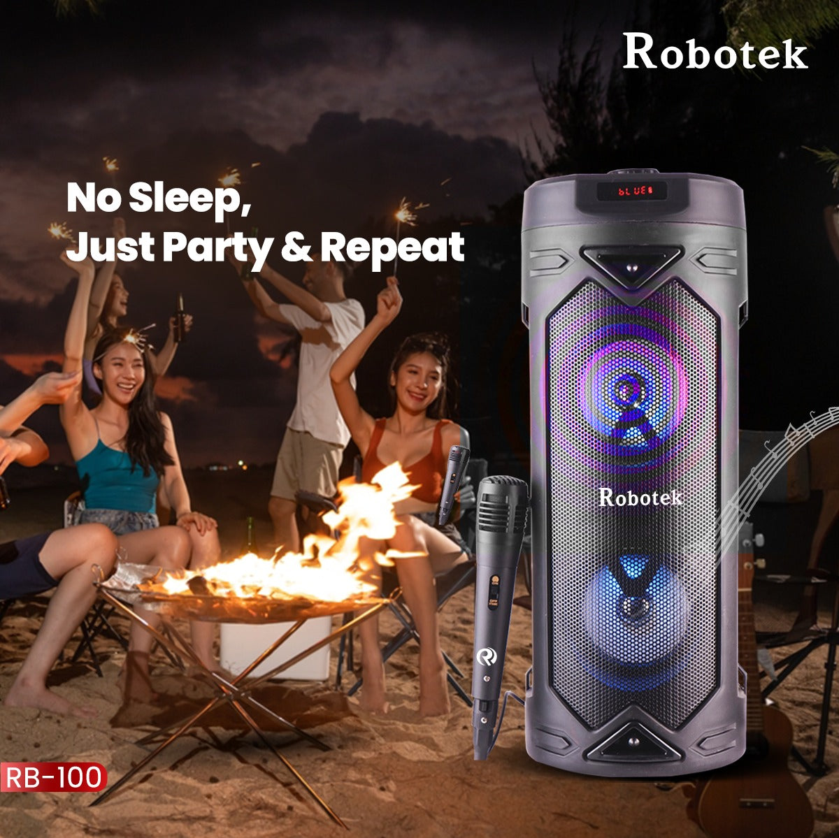 30 Watt | RGB Lights | Wireless Speaker with Mic | 6 Hours Playtime | Robotek Vibe Party Speaker RB-100