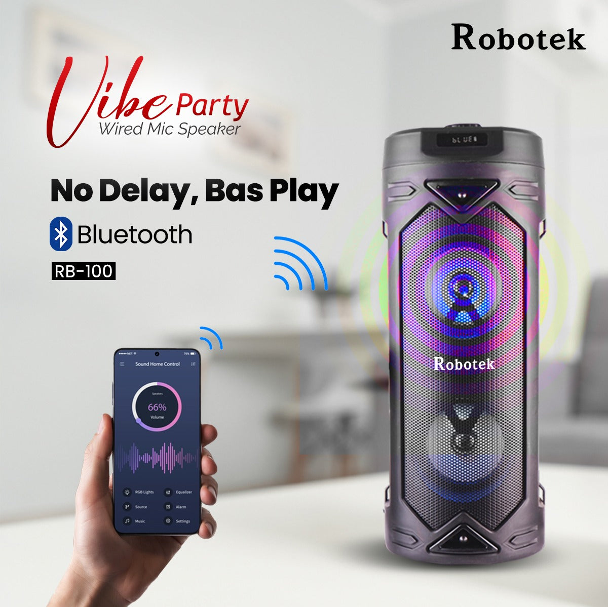 30 Watt | RGB Lights | Wireless Speaker with Mic | 6 Hours Playtime | Robotek Vibe Party Speaker RB-100