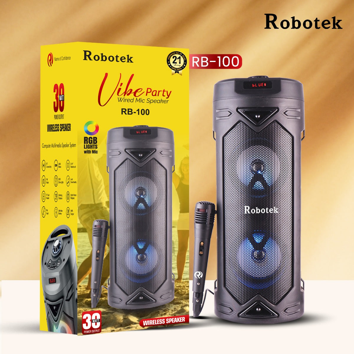30 Watt | RGB Lights | Wireless Speaker with Mic | 6 Hours Playtime | Robotek Vibe Party Speaker RB-100