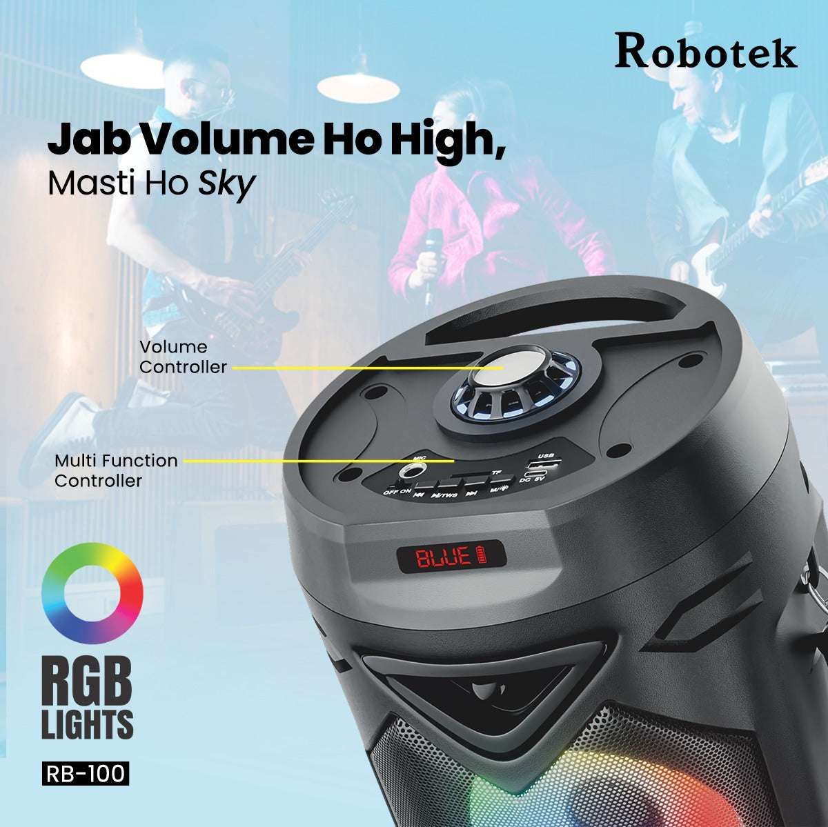 30 Watt | RGB Lights | Wireless Speaker with Mic | 6 Hours Playtime | Robotek Vibe Party Speaker RB-100