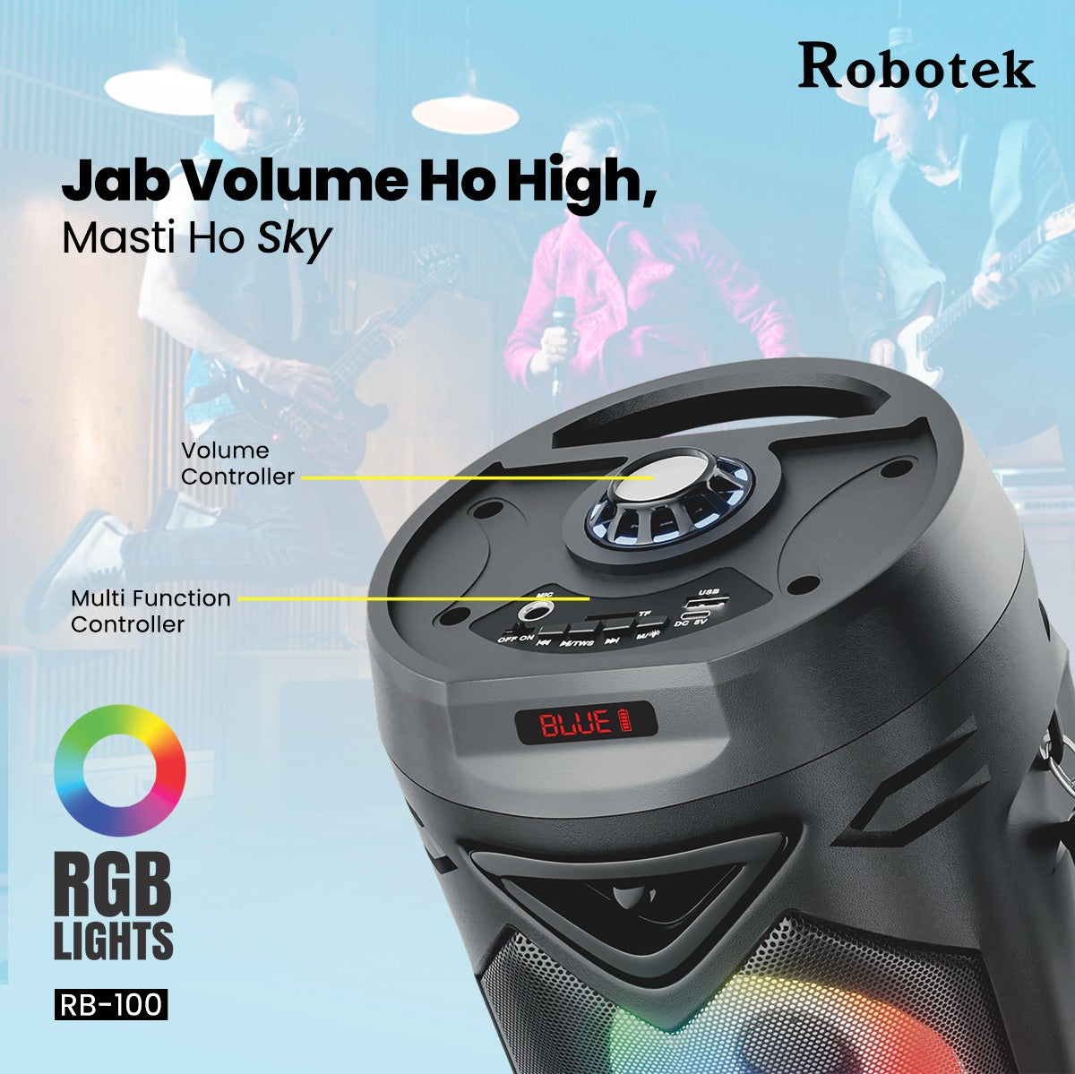 30 Watt | RGB Lights | Wireless Speaker with Mic | 6 Hours Playtime | Robotek Vibe Party Speaker RB-100