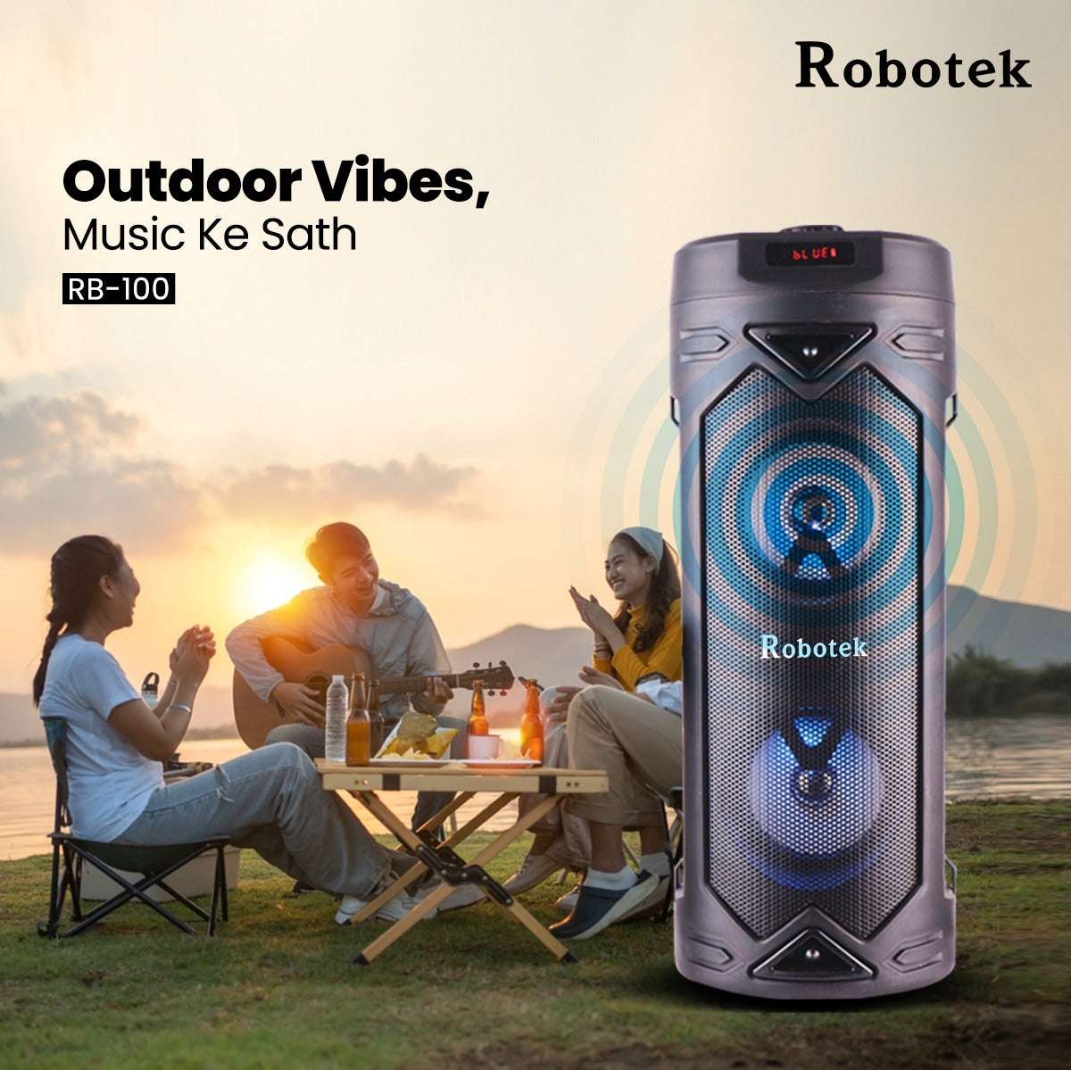 30 Watt | RGB Lights | Wireless Speaker with Mic | 6 Hours Playtime | Robotek Vibe Party Speaker RB-100
