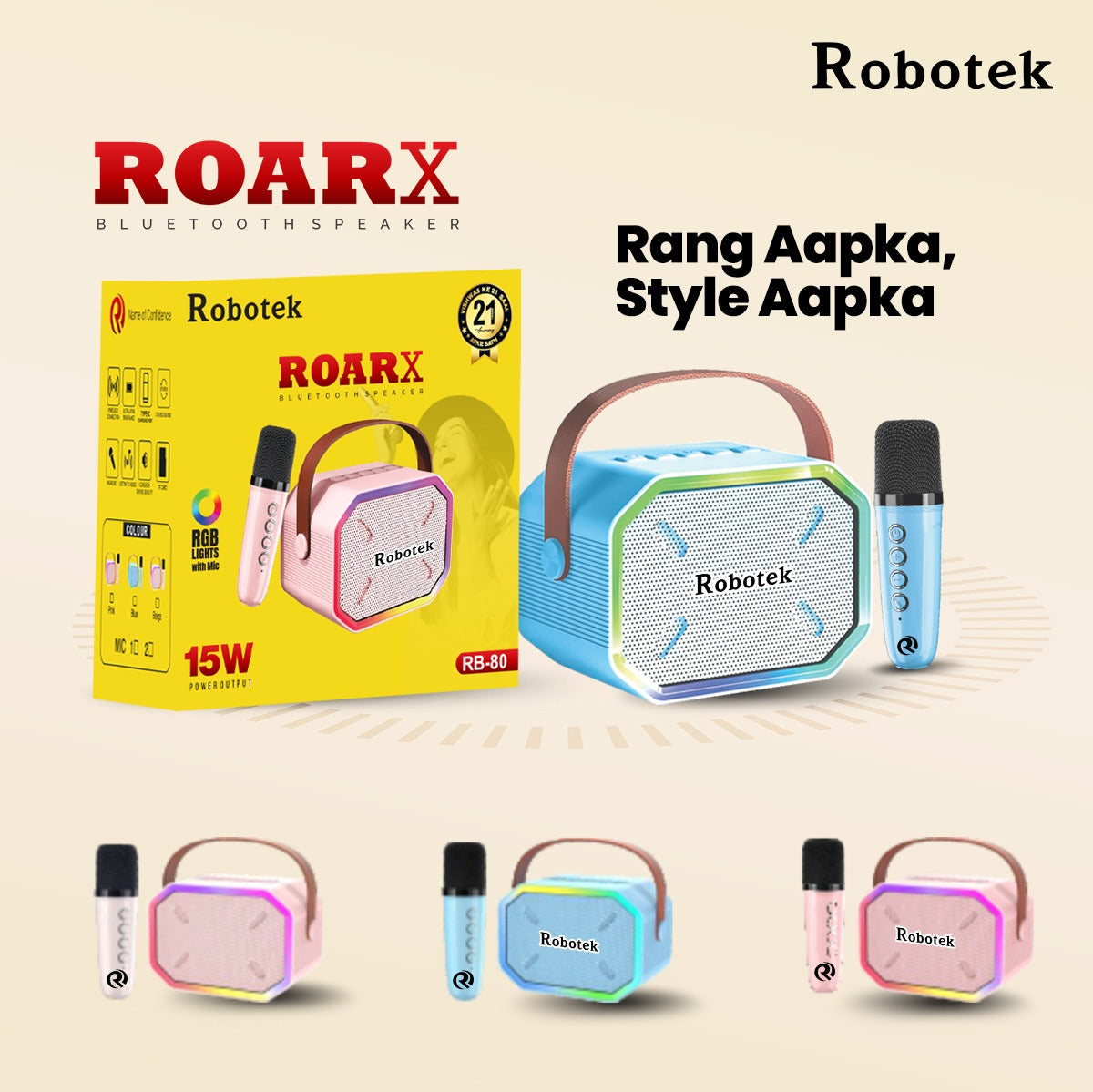 5 Voice Effects | 15 Watt | RGB Lights | Speaker with Mic | Robotek Roar X Speaker RB-80
