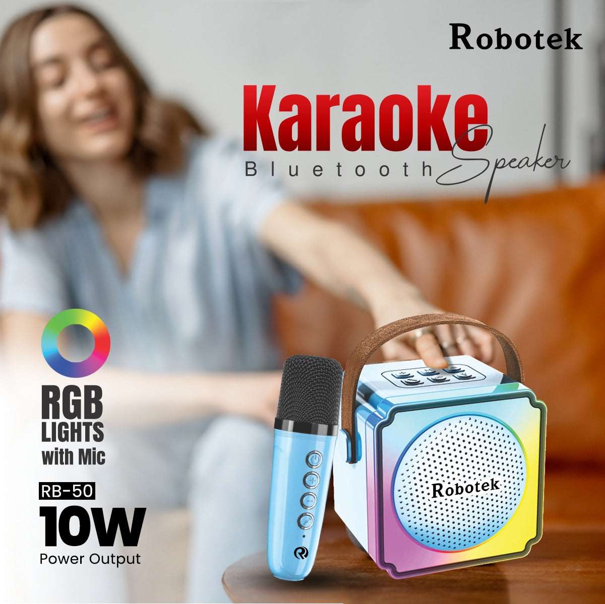 5 Voice Effects | 10 Watt | RGB Lights | Speaker with Mic | Robotek Karaoke Speaker RB-50