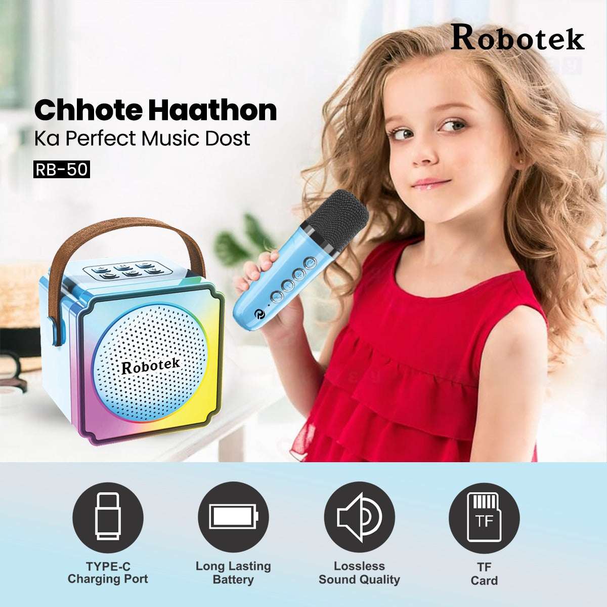 5 Voice Effects | 10 Watt | RGB Lights | Speaker with Mic | Robotek Karaoke Speaker RB-50