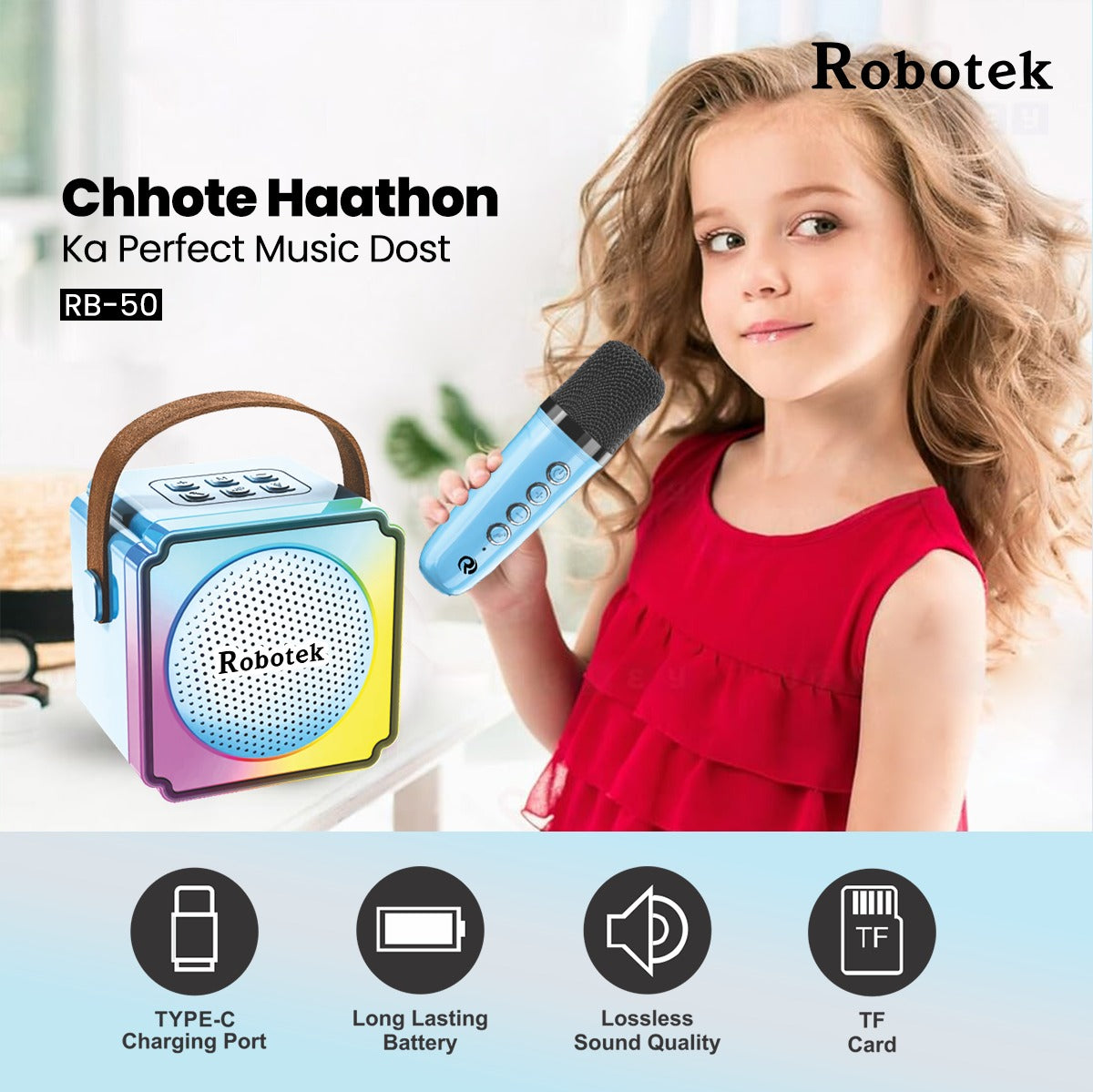 5 Voice Effects | 10 Watt | RGB Lights | Speaker with Mic | Robotek Karaoke Speaker RB-50