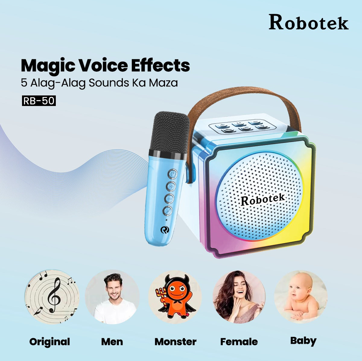 5 Voice Effects | 10 Watt | RGB Lights | Speaker with Mic | Robotek Karaoke Speaker RB-50