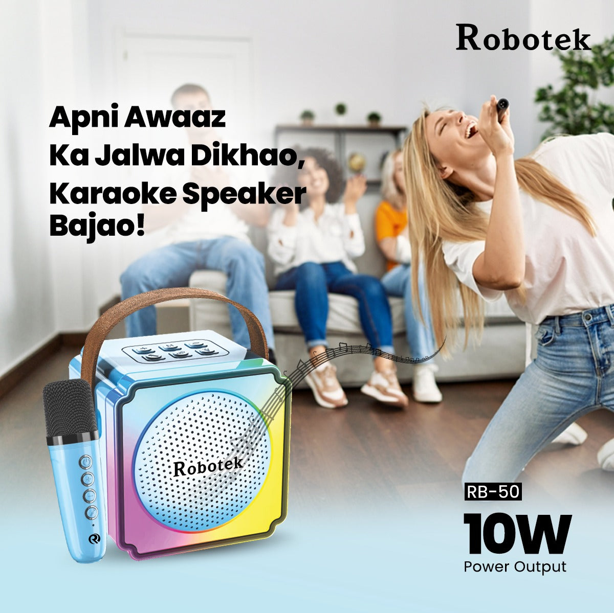 5 Voice Effects | 10 Watt | RGB Lights | Speaker with Mic | Robotek Karaoke Speaker RB-50