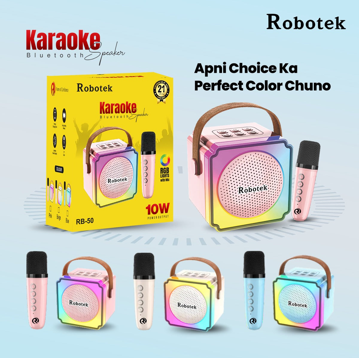 5 Voice Effects | 10 Watt | RGB Lights | Speaker with Mic | Robotek Karaoke Speaker RB-50