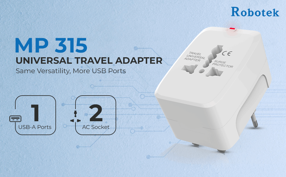 Robotek MP-315 Universal Travel Adapter - Surge Protector, Compact Design, USB Port