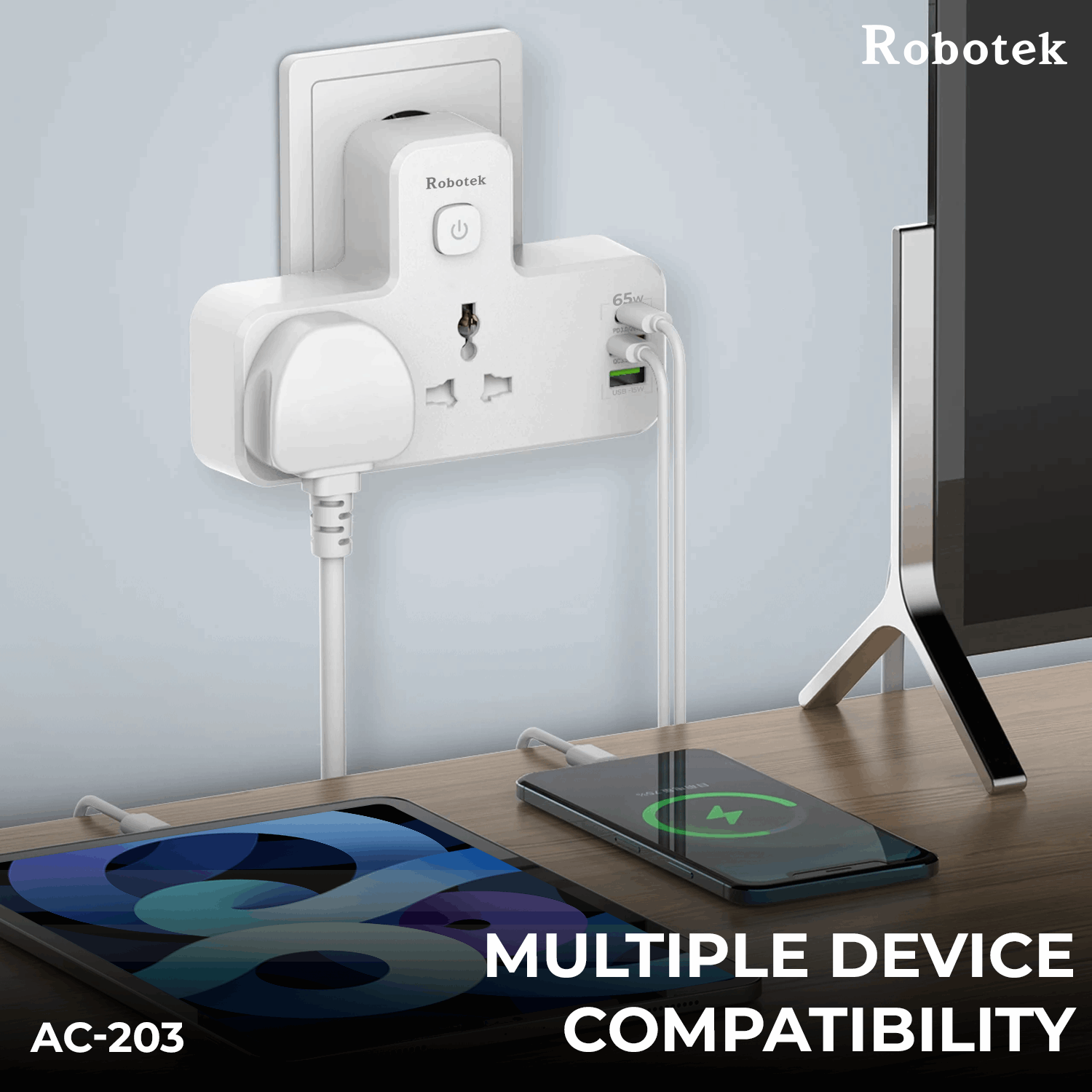 Robotek AC-203 Multi Plug with PD Type-C & 2 USB QC-3.0 Ports