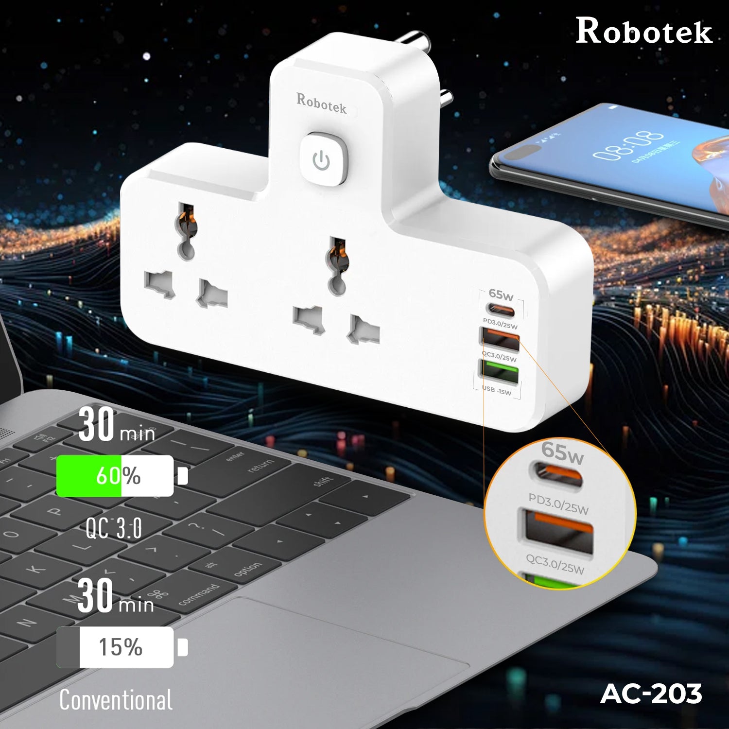 Robotek AC-203 Multi Plug with PD Type-C & 2 USB QC-3.0 Ports