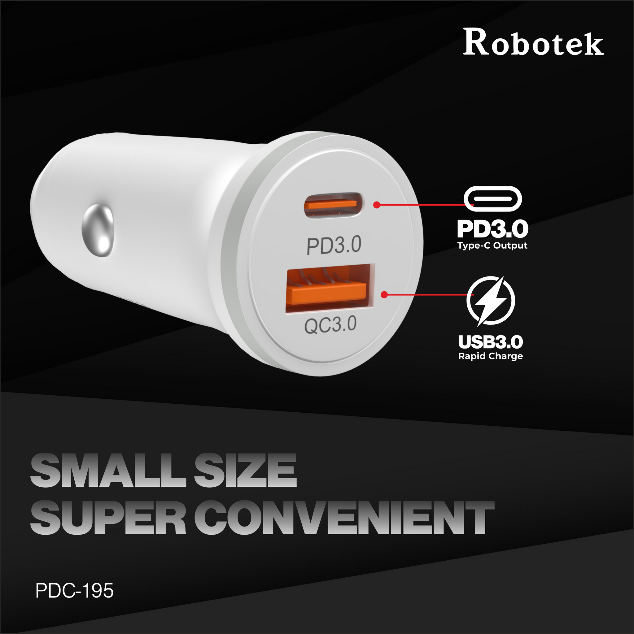 Robotek PDC-195 PD + QC 3.0 Car Charger With Charging Cable