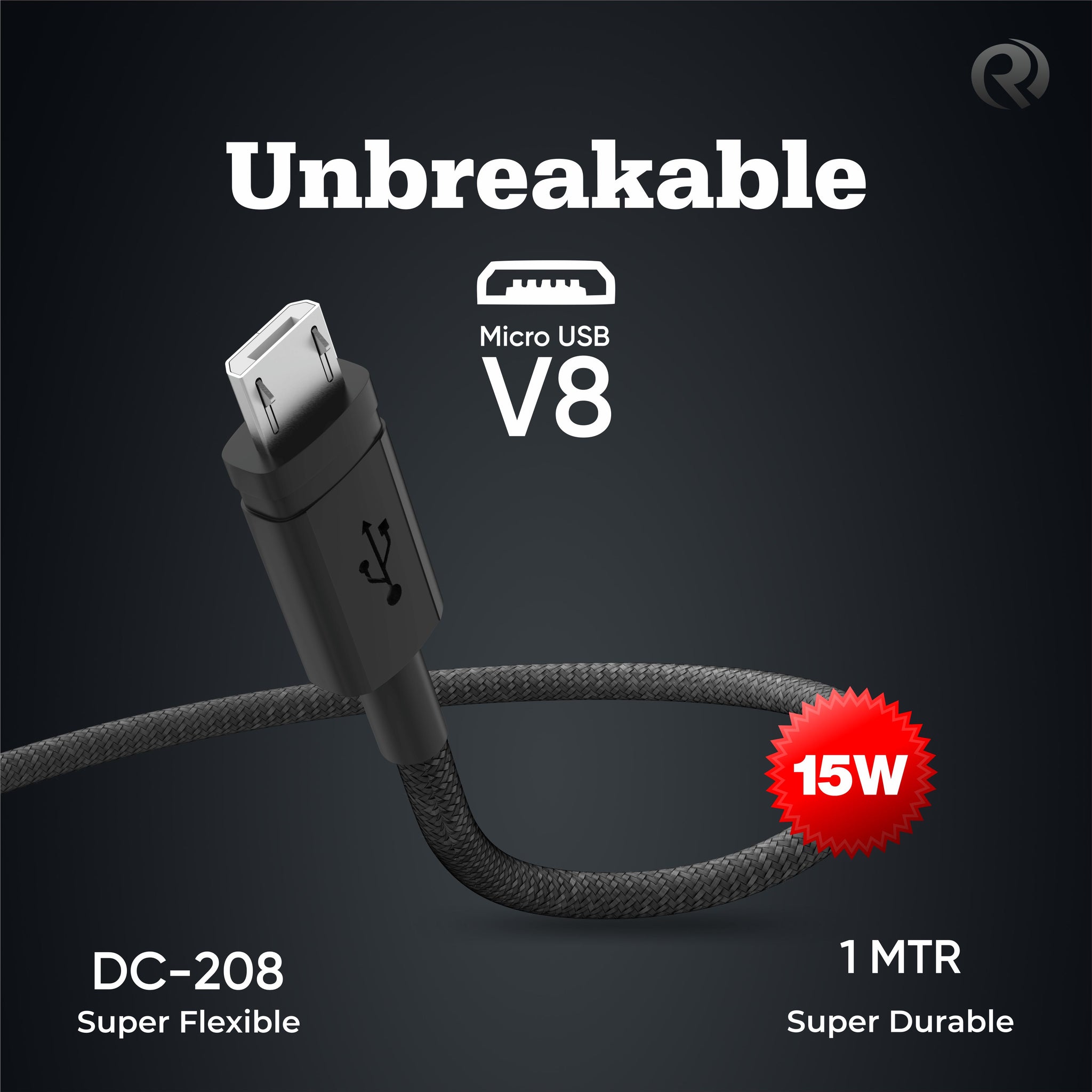 DC-208 Micro USB V8 15Watt Unbreakable Braided Cable