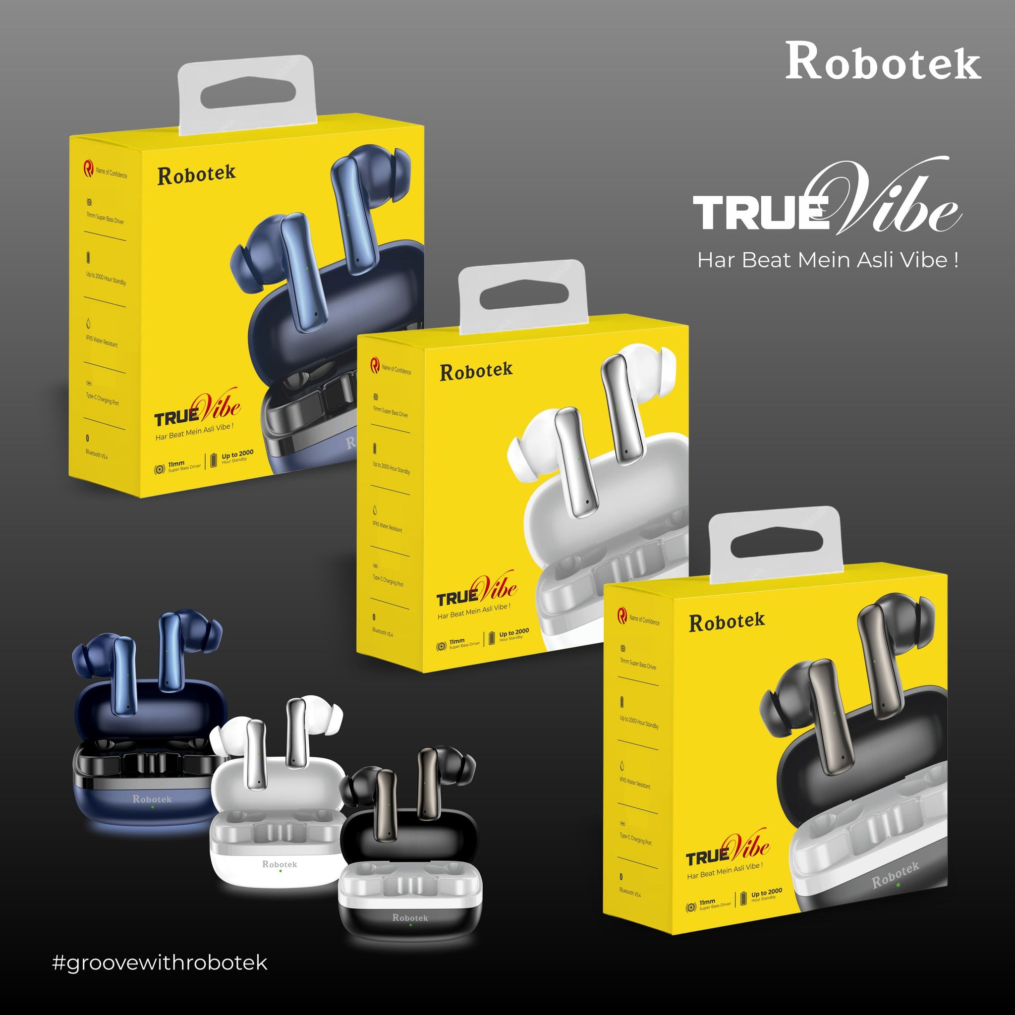 ROBOTEK TRUE VIBE TWS Earpods with 5 Hours Playback & 5 Days Backup