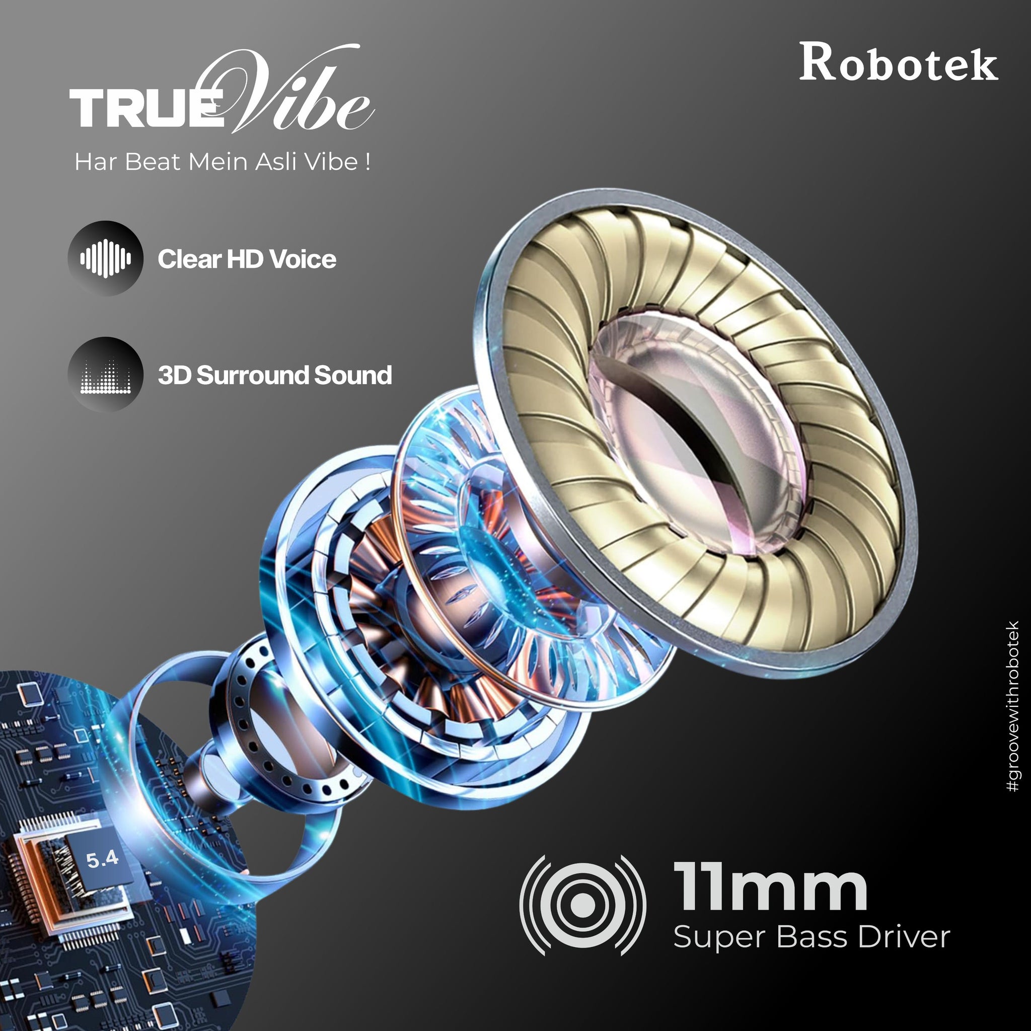 ROBOTEK TRUE VIBE TWS Earpods with 5 Hours Playback & 5 Days Backup