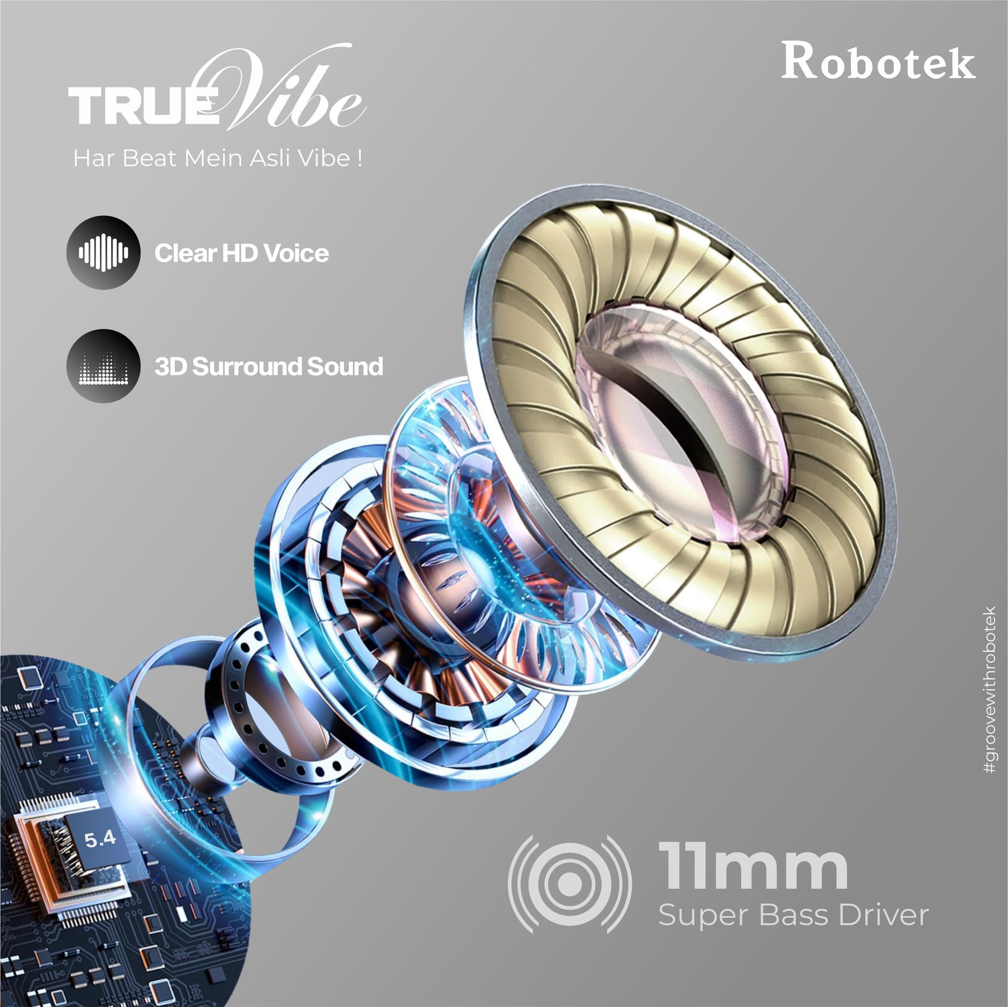 ROBOTEK TRUE VIBE TWS Earpods with 5 Hours Playback & 5 Days Backup