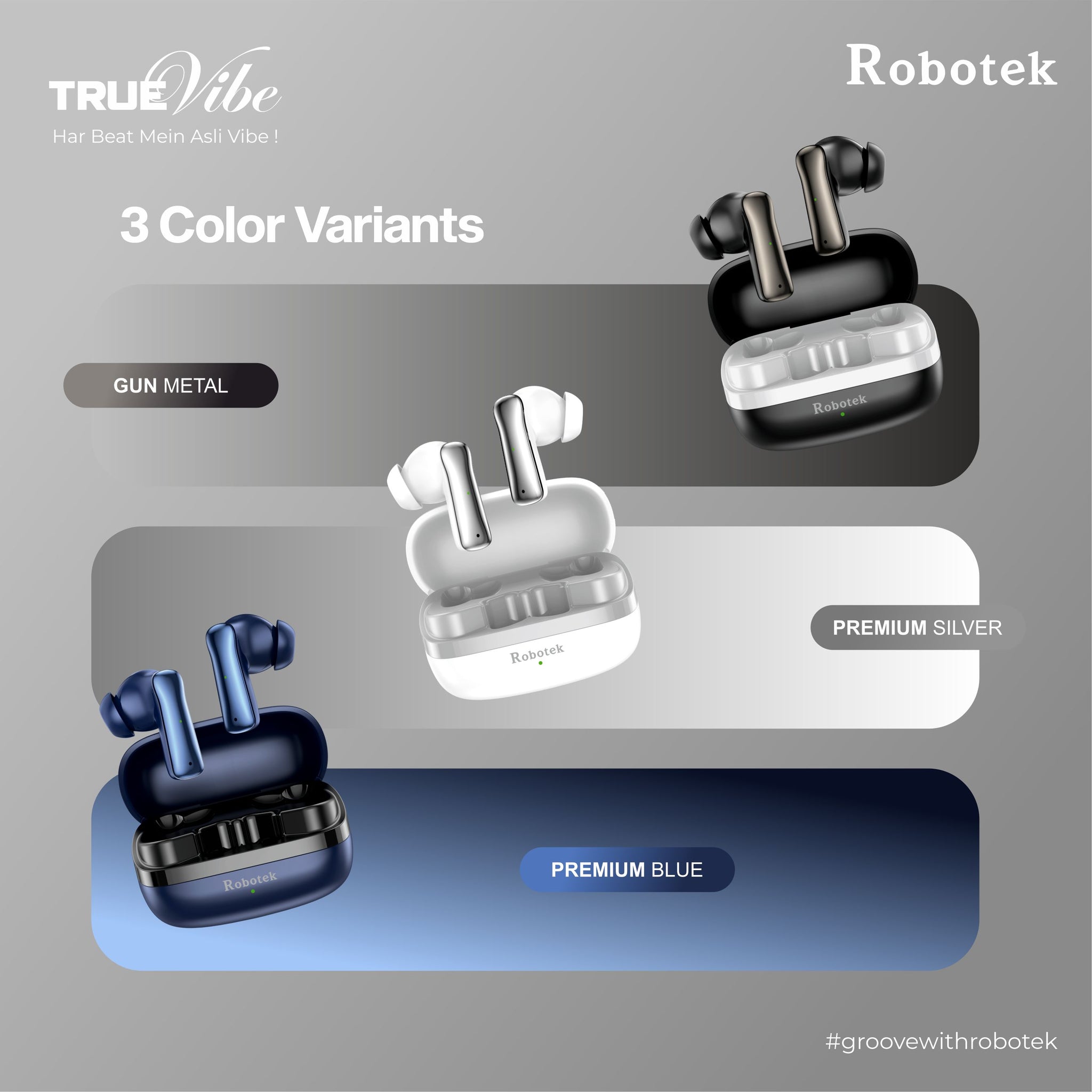 ROBOTEK TRUE VIBE TWS Earpods with 5 Hours Playback & 5 Days Backup