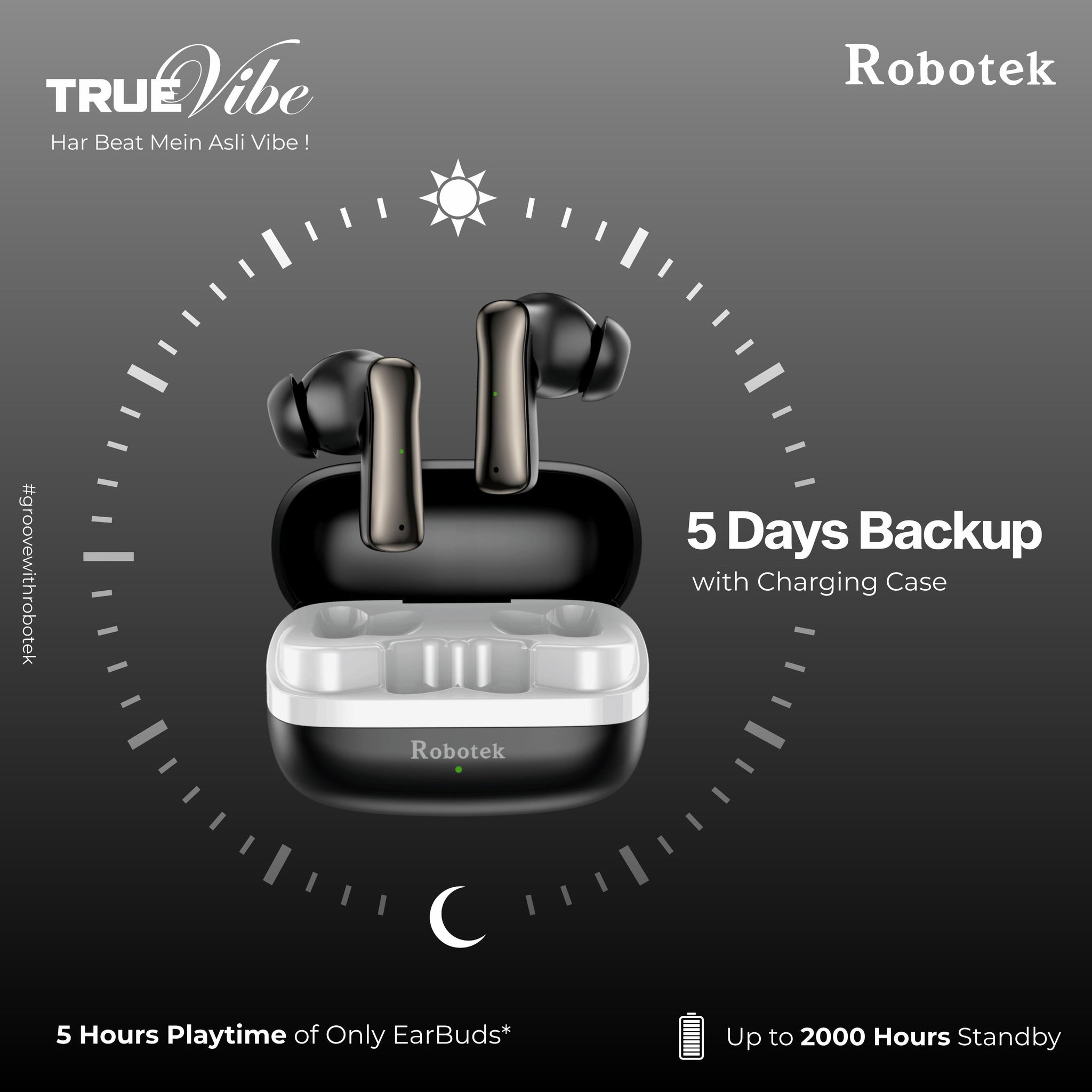 ROBOTEK TRUE VIBE TWS Earpods with 5 Hours Playback & 5 Days Backup