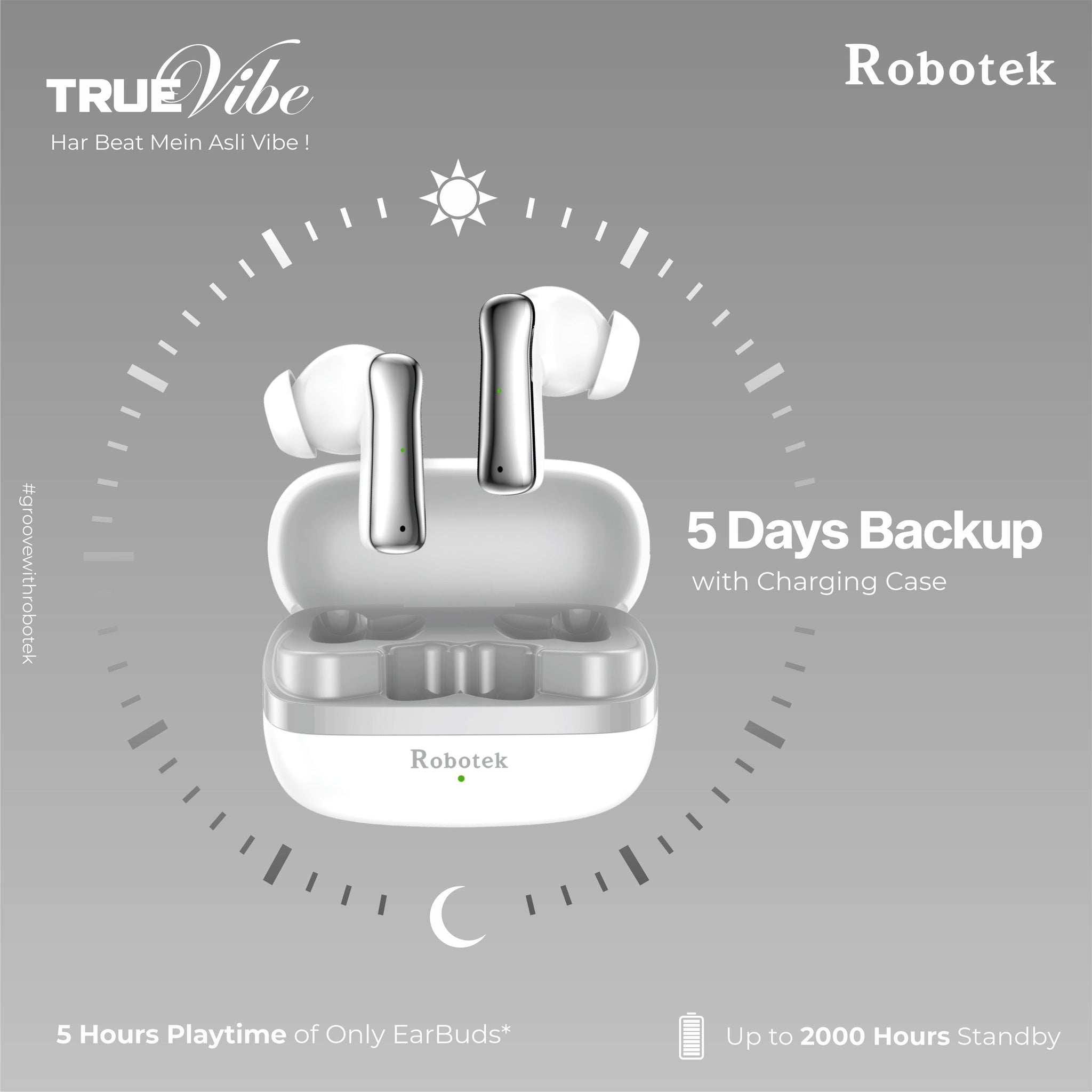 ROBOTEK TRUE VIBE TWS Earpods with 5 Hours Playback & 5 Days Backup