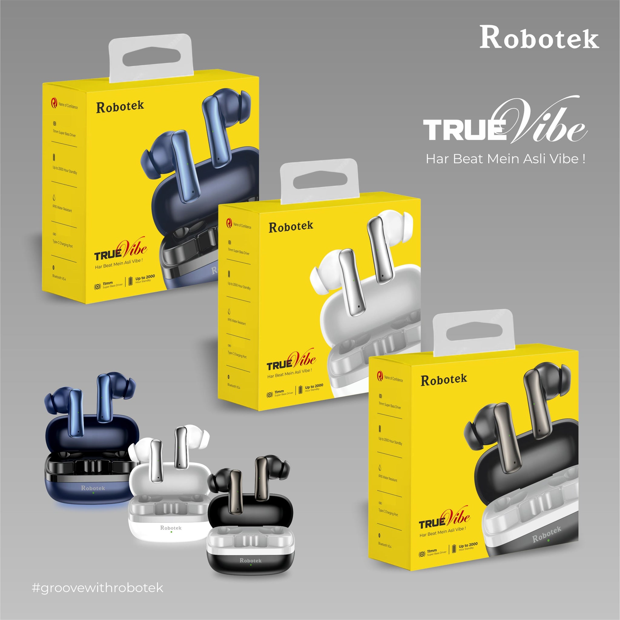 ROBOTEK TRUE VIBE TWS Earpods with 5 Hours Playback & 5 Days Backup