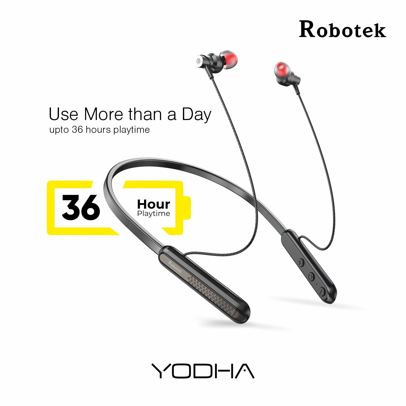 Yodha Wireless Bluetooth in Ear Headphones, 13mm Driver, Upto 36Hr Playback Deep Bass, Type-C Fast Charging, HD Calls, Magnetic Buds, Water Resistant & Sweatproof