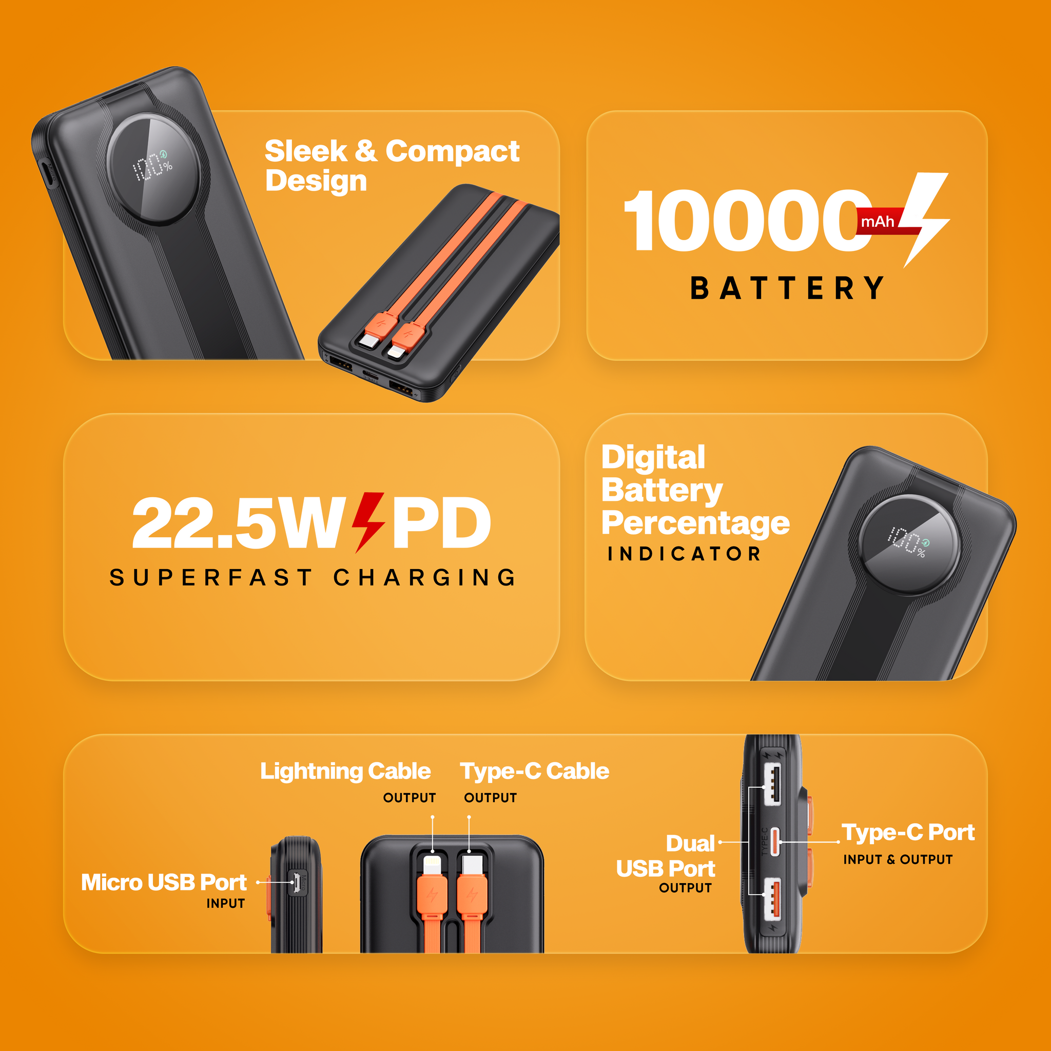 Robotek Power Bank S15 Electra 10000 mAh Power Bank with Built-in 2 Types of Cables
