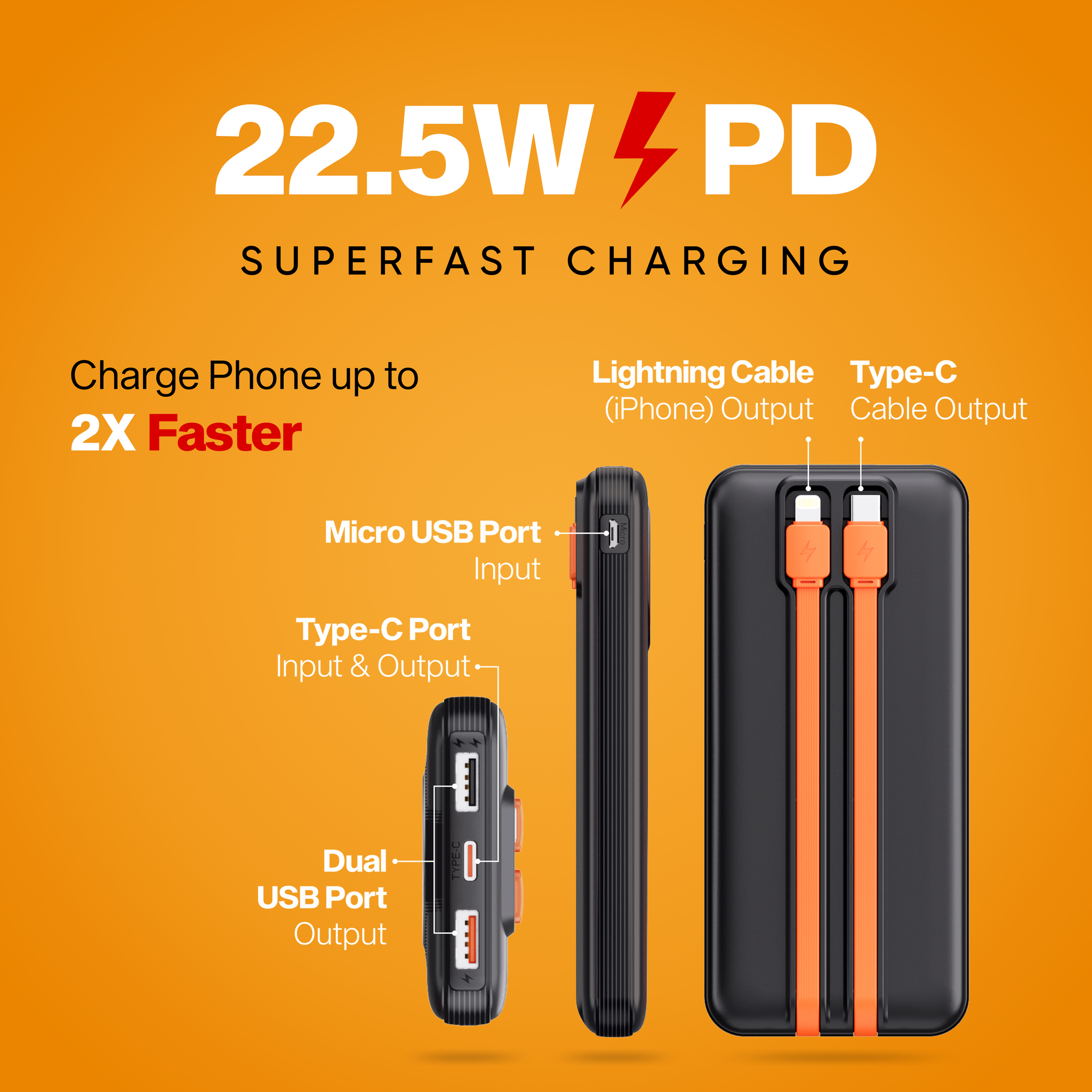 Robotek Power Bank S15 Electra 10000 mAh Power Bank with Built-in 2 Types of Cables