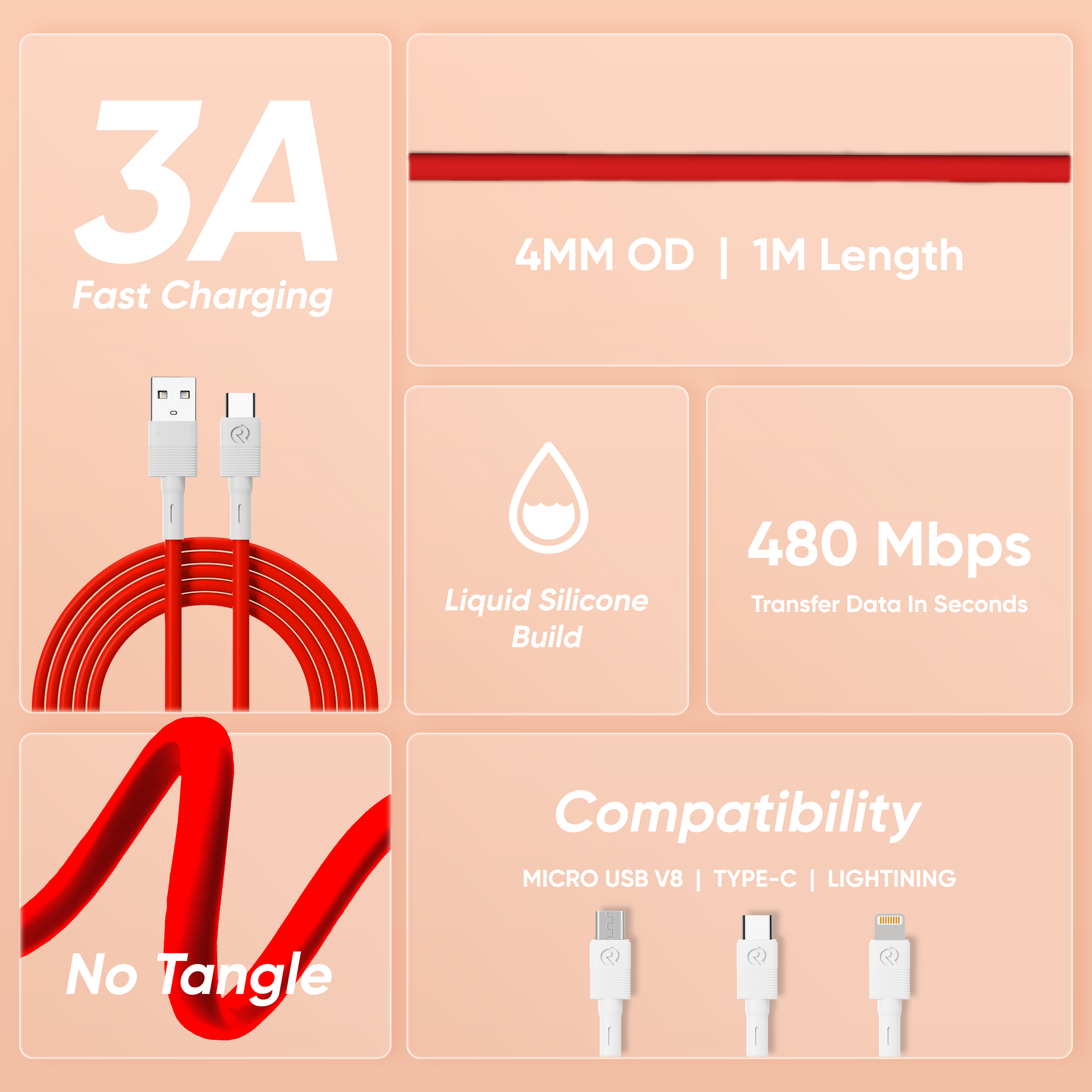7-Color Super Soft Silicone Cable | Available in Type-C, Micro USB & Lightning
