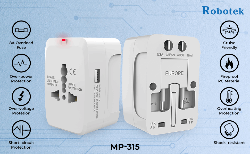 Robotek MP-315 Universal Travel Adapter - Surge Protector, Compact Design, USB Port