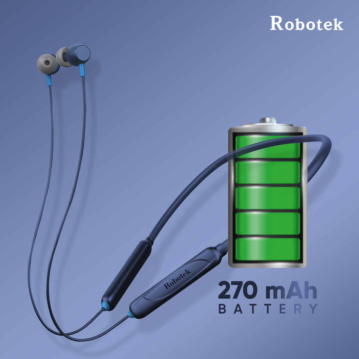 Robotek Surya Neckband – 50H Playback, Deep Bass, and Bluetooth Connectivity| Black & Blue colour|