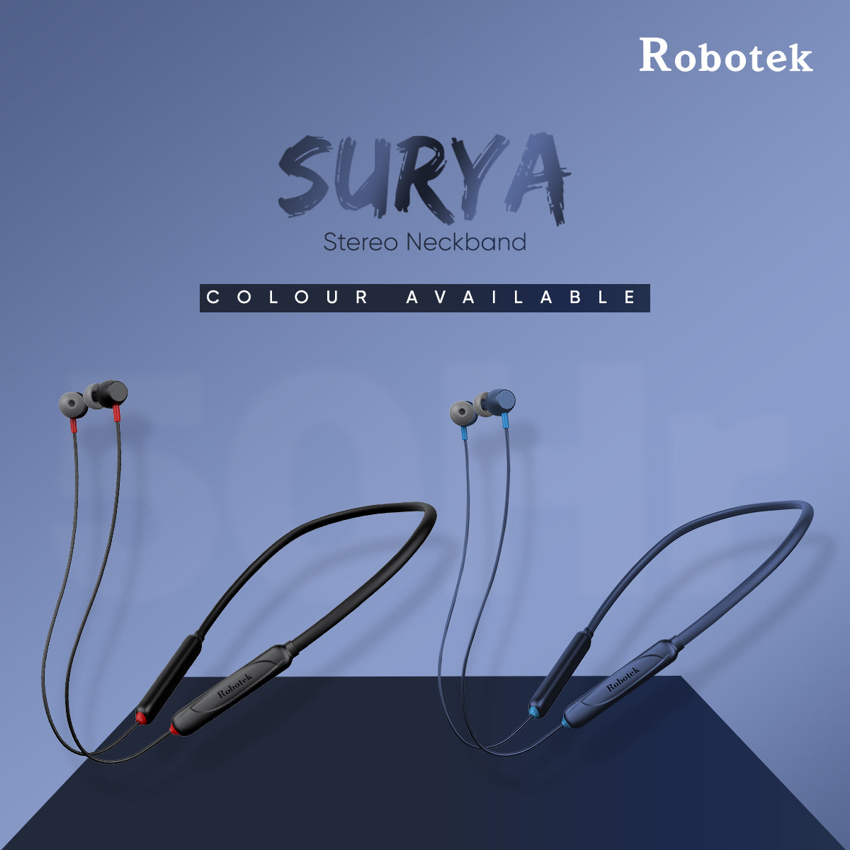 Robotek Surya Neckband – 50H Playback, Deep Bass, and Bluetooth Connectivity| Black & Blue colour|