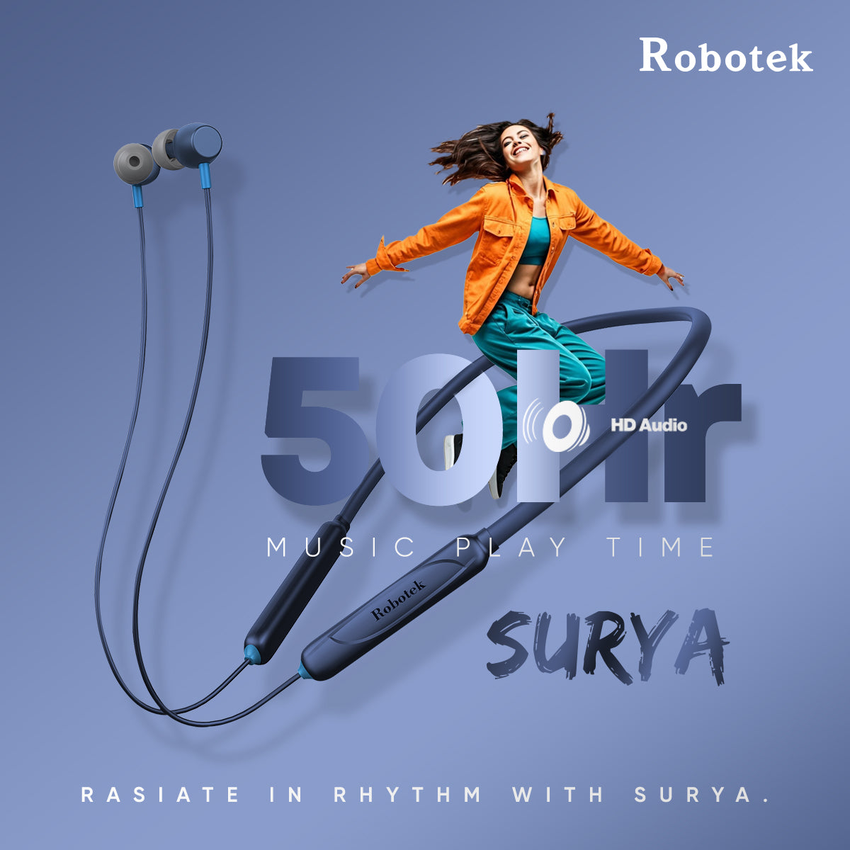 Robotek Surya Neckband – 50H Playback, Deep Bass, and Bluetooth Connectivity| Black & Blue colour|